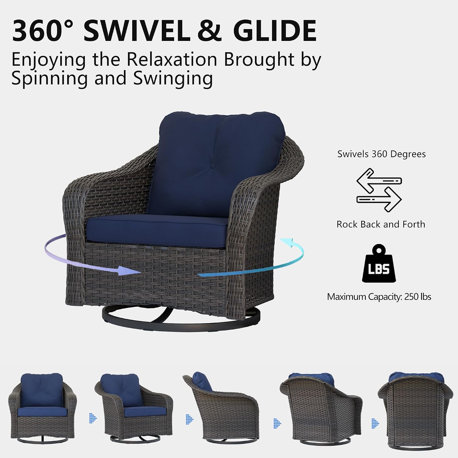 Wicker Swivel Rocking Chairs Set 2, Outdoor Brown Wicker Swivel Glider Chair Outdoor Rocking Chair with Water-Resistant Cushions, Blue