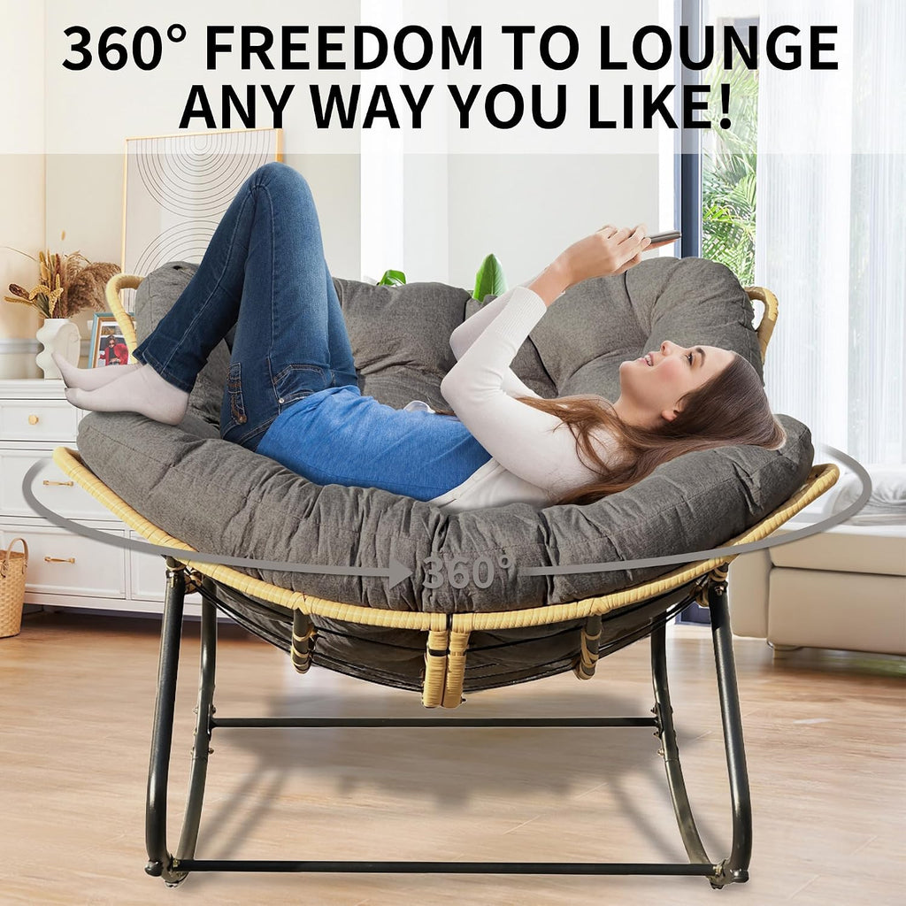 Outdoor Rocking Chair, Patio Egg Rocking Chair, Indoor Papasan Chair, Rattan Wicker Lounge Chair, Modern Royal Chair for Bedroom, Living Room, Porch, Garden,Lawn (41.3' Grey)