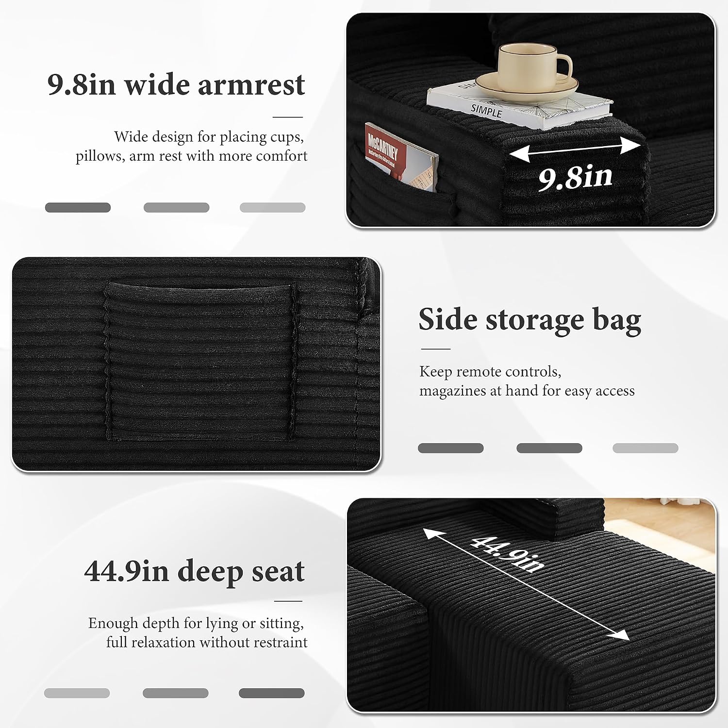 96' Sectional Couches for Living Room Cloud Couch Sofa with L-Shape Upholstered Boneless Couchs Modern Modular Sectional Couch with Chaise (Black, 96' W+Right Facing Chaise+2Seaters+Ottoman)