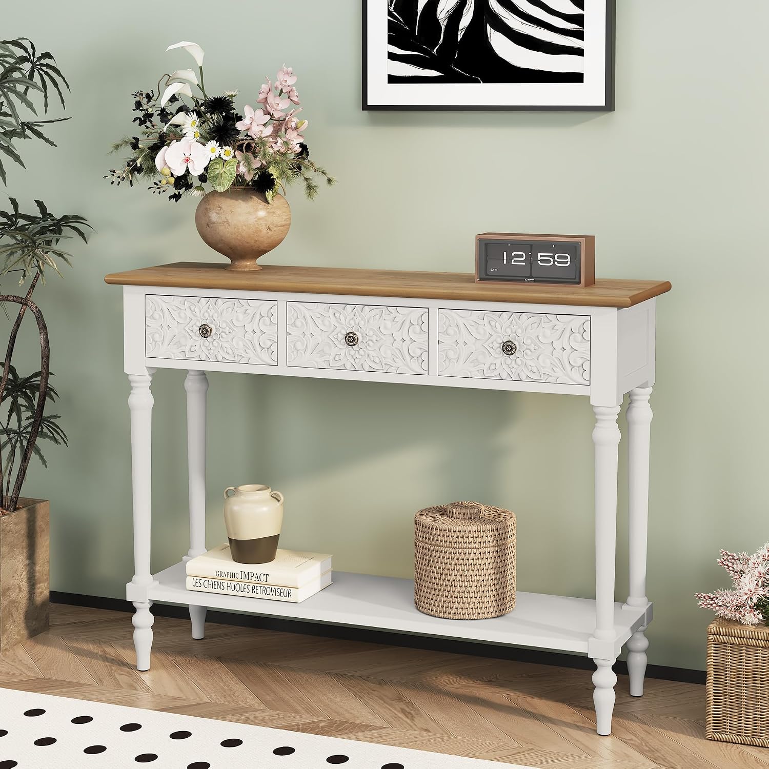 3More Entryway Console Table with 3 Drawers,42' Carved Hallway Table with Open Shelf,Long Sofa Table for Living Room, Hallway, Behind Couch,White