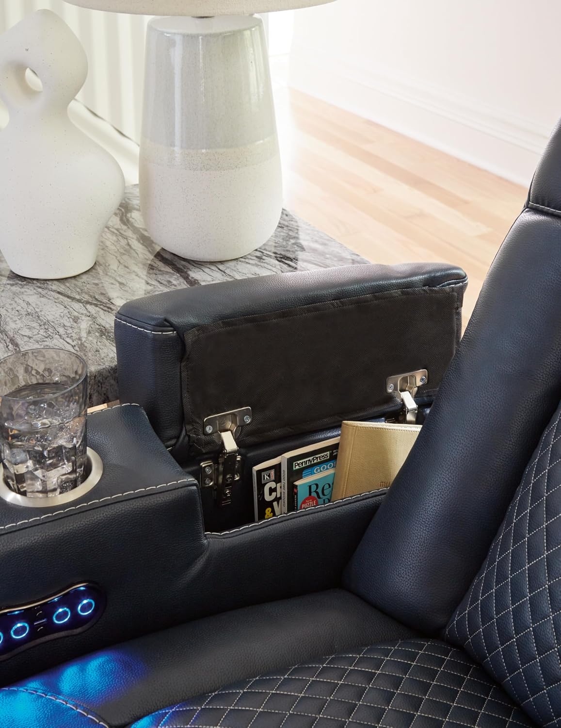 Signature Design by Ashley Fyne-Dyme Power Reclining Sofa with USB Ports and Adjustable Headrest, Drop Down Table, Faux Leather, 21' Seat Height, Blue