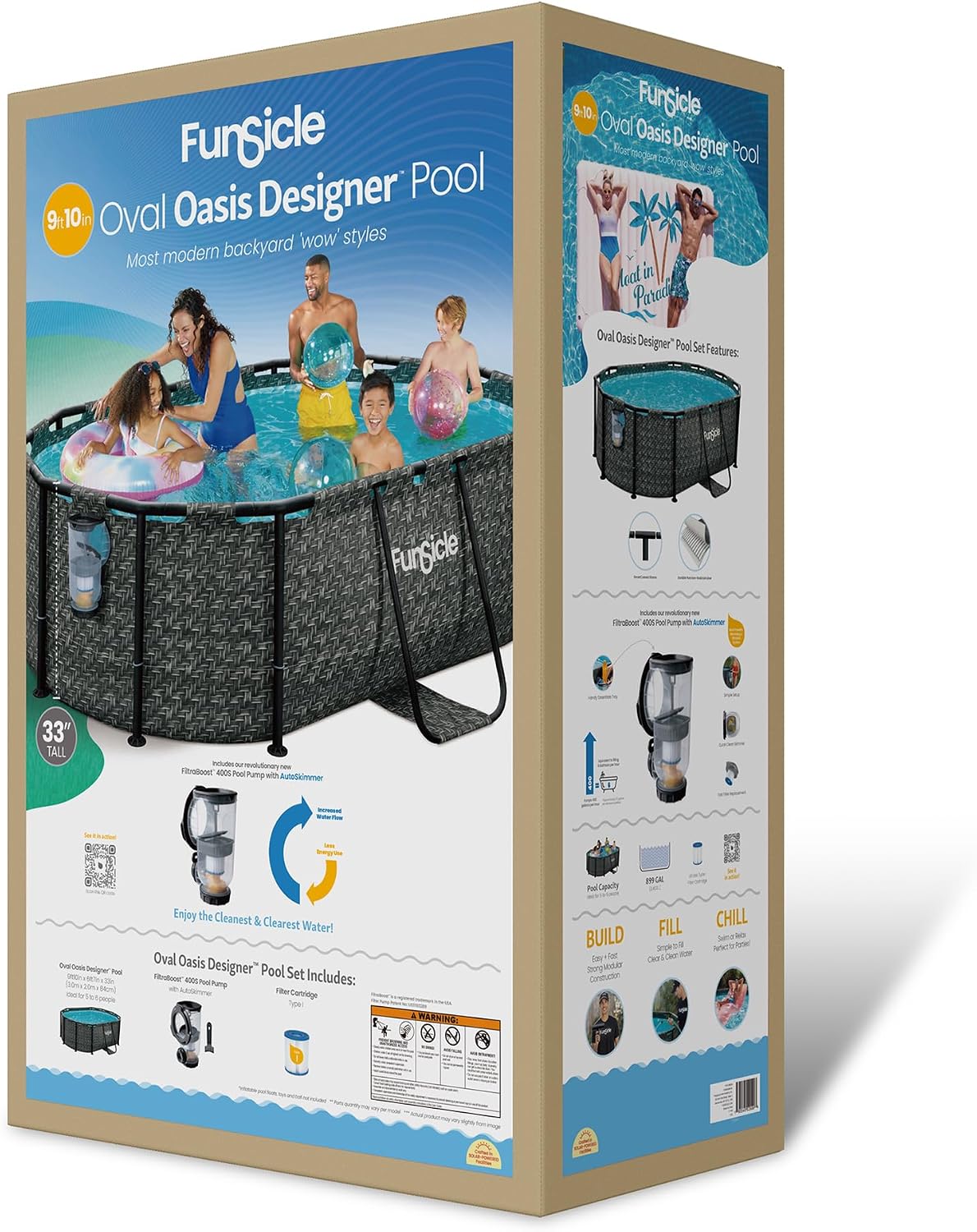 Funsicle Oval Oasis Designer 9' 10' x 6' 7' x 33' Above Ground Swimming Pool, With FiltraBoost 400 GPH Filter Pump with AutoSkimmer, Type I Filter Cartridge & Repair Patch, Dark Herringbone