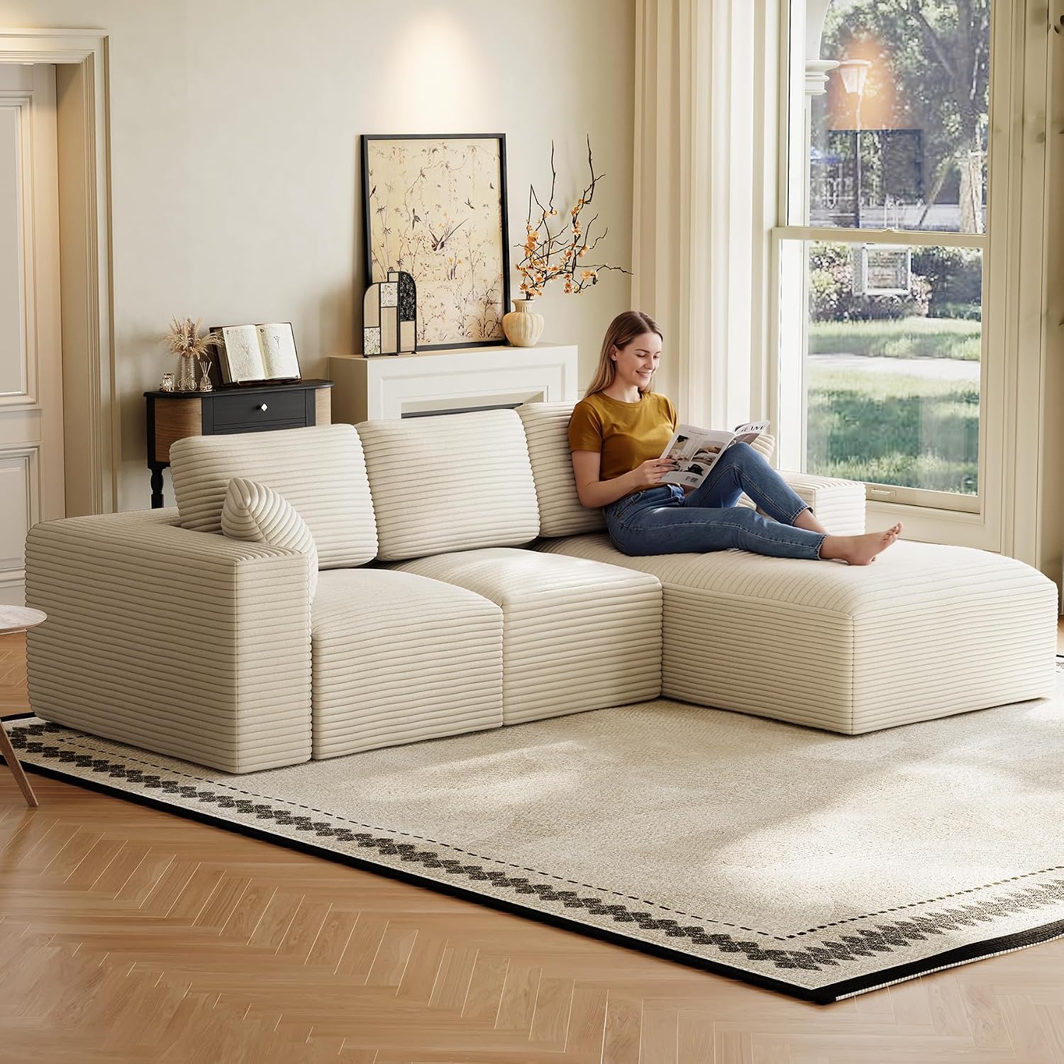 109' L-Shaped Boneless Cloud Sectional Couches, Comfy Corduroy Fluffy Modular Sectional Sofa with Right-Facing Chaise, Deep Seat Memory Foam Plush Couch for Living Room, Small Spaces, Beige White