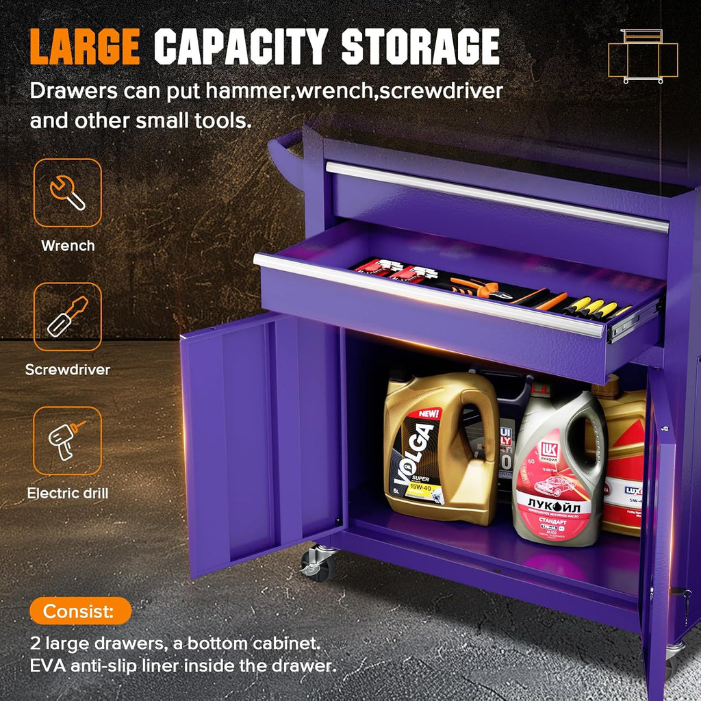 Oakcloud Lockable 8-Drawer Rolling Tool Chest & Cabinet Combo with Black Liner – Heavy-Duty Steel Garage Tool Box on Wheels – Detachable Top Toolbox & Bottom Storage Cart with Side Hooks, Purple