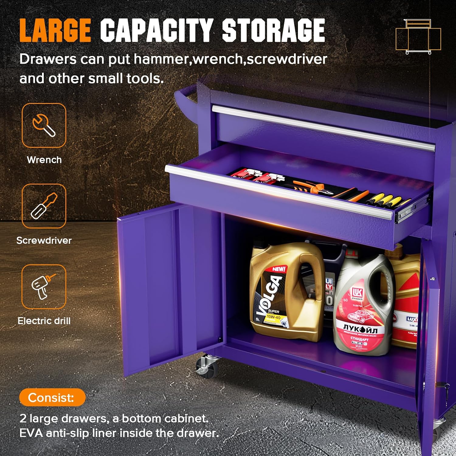 Oakcloud Lockable 8-Drawer Rolling Tool Chest & Cabinet Combo with Black Liner – Heavy-Duty Steel Garage Tool Box on Wheels – Detachable Top Toolbox & Bottom Storage Cart with Side Hooks, Purple