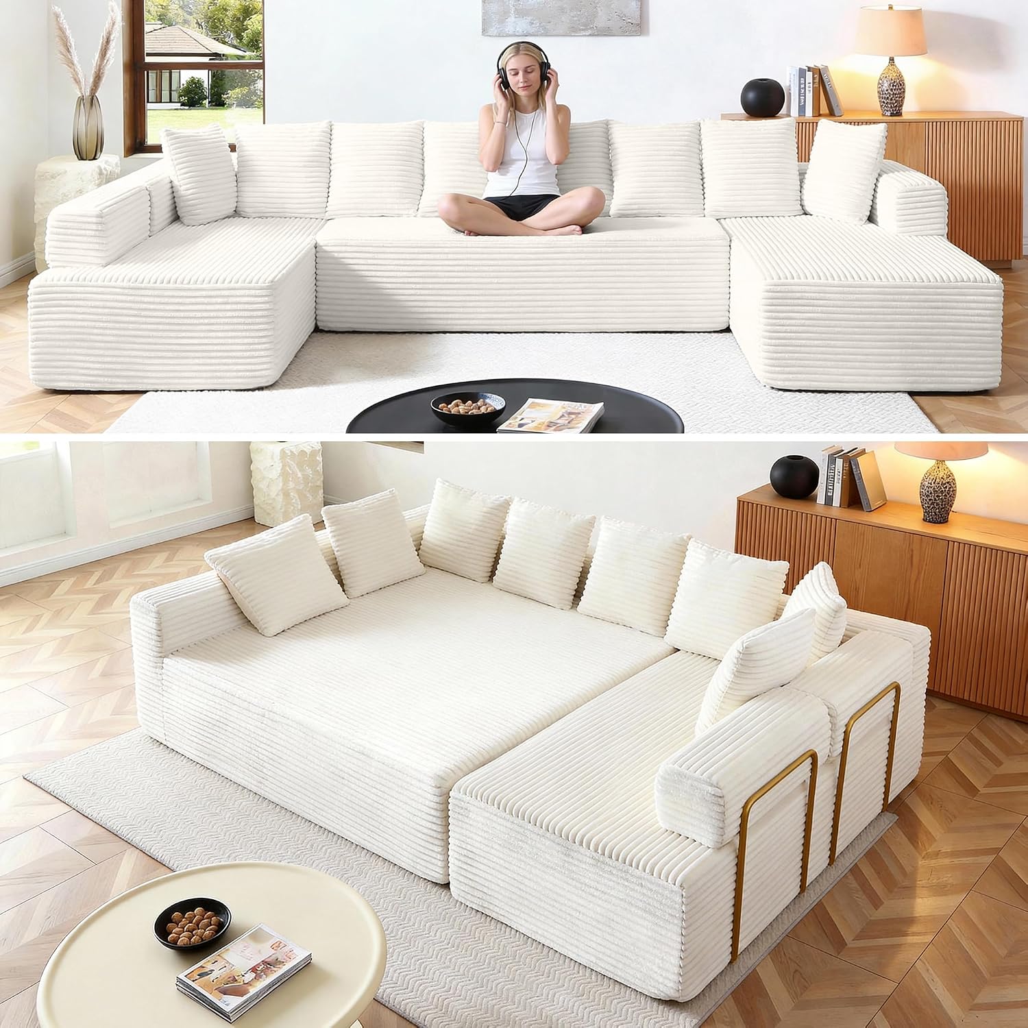 Oversized Cloud Boneless Couch with Chaise, 145' Modern U Shape Modular Deep Seat Sectional Sofa, Comfy Corduroy Upholstered Couches for Living Room, No Assembly Required, Beige White