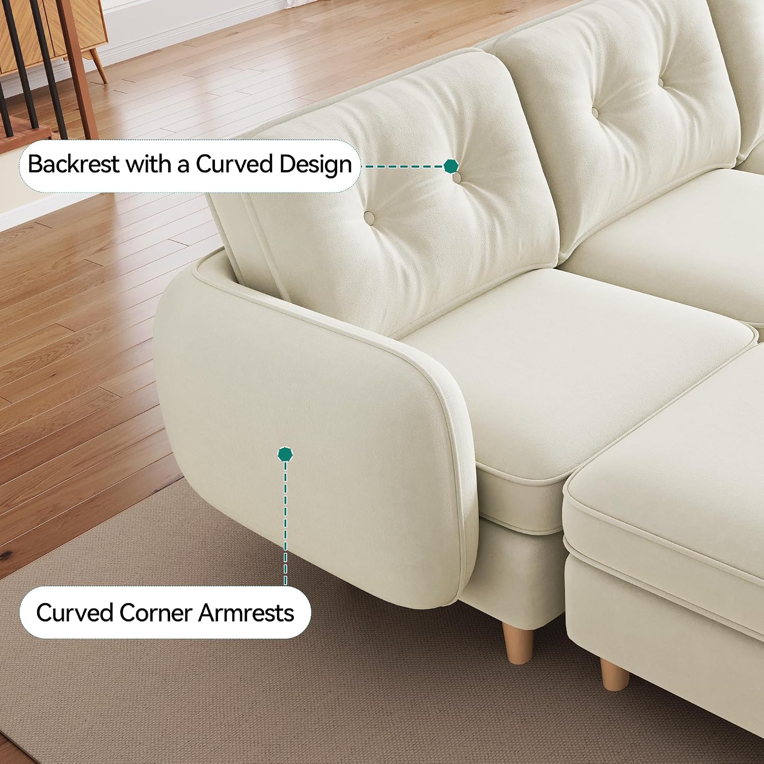 DWVO 107'' Modular Sectional Sofa, 6-Seater Sectional Couch with Curved Armrests and 4 Pillows, Convertible U Shaped Couch with High-Density Memory Foam for Living Room, Beige