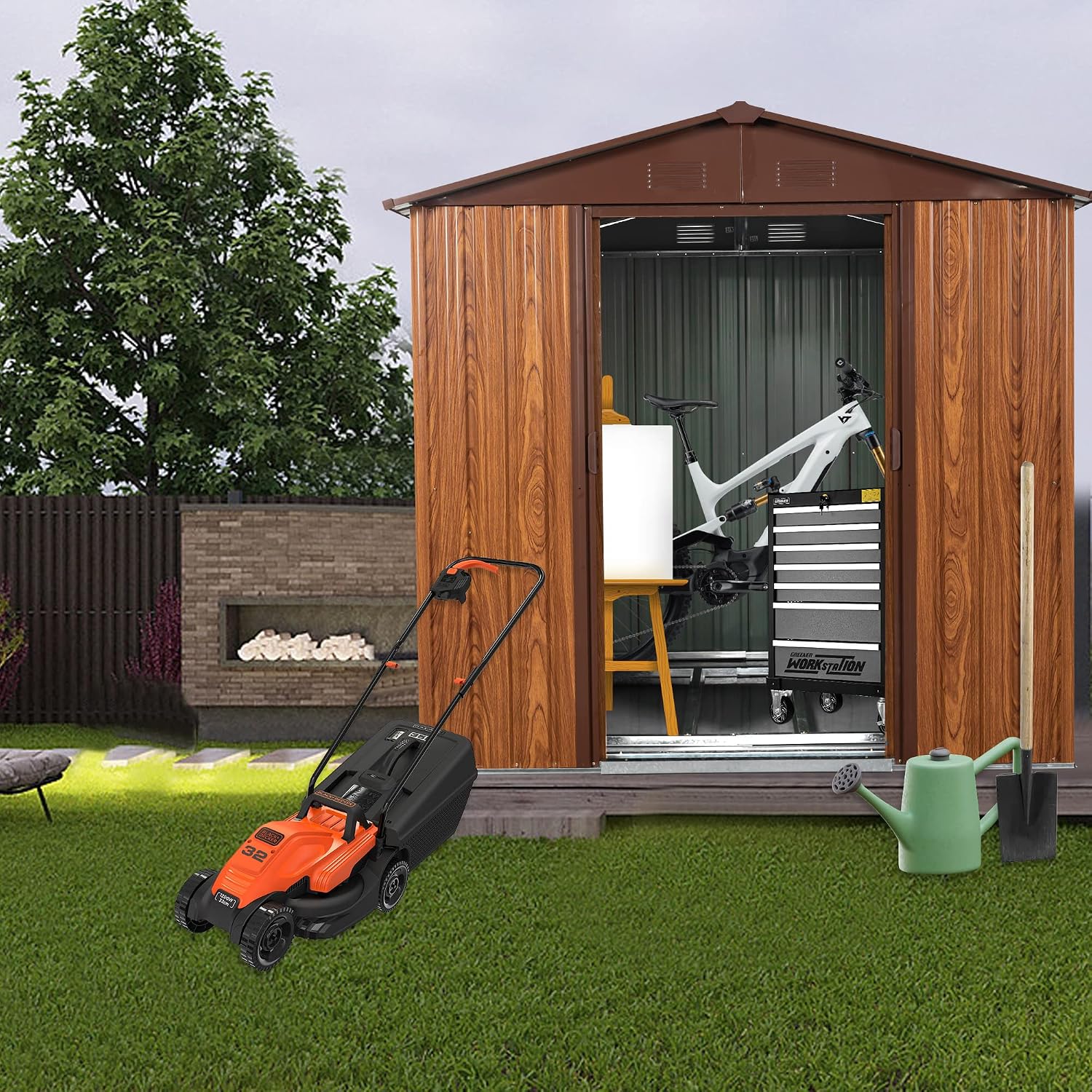 6x6 ft Outdoor Metal Storage Shed with Floor Foundation and Window, Lockable Galvanized Steel Tool Shed with Sliding Door and Air Vent, Waterproof Garden Storage House for Backyard, Patio