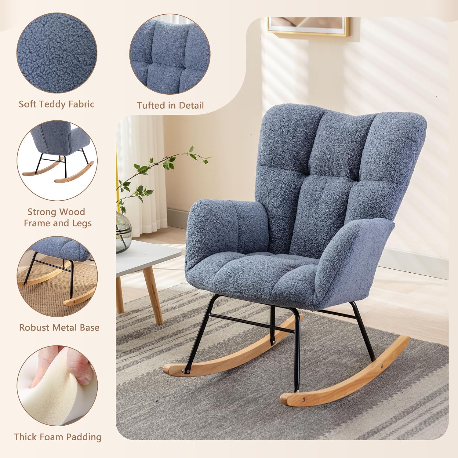 Setawix Teddy Rocking Chair with High Back,Leisure Rocking Armchair for Nursery,Mid Century Modern Rocker Glider Arm Chair for Living Room,Tufted with Solid Wood Legs (Light Blue, 27.6')