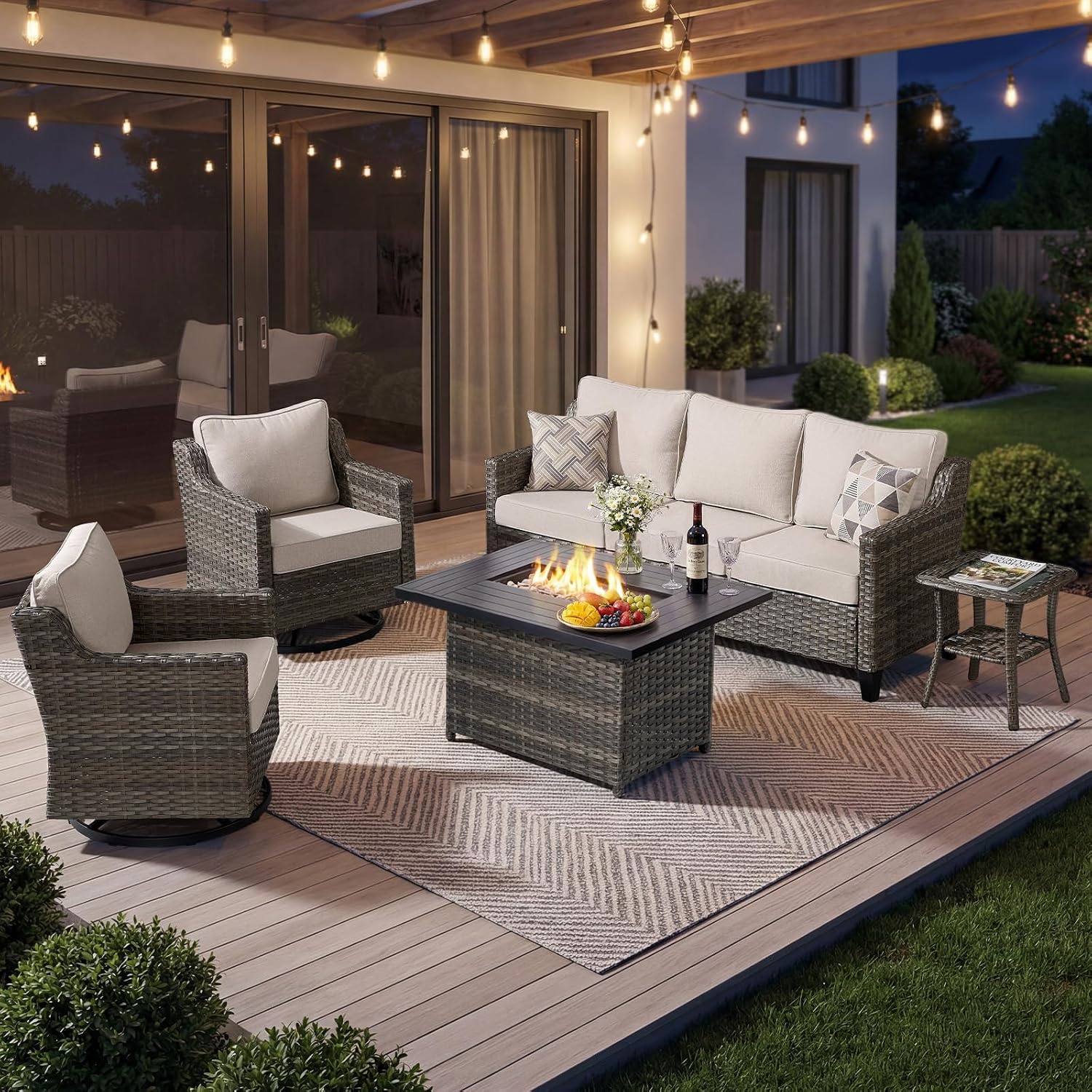 Luxury Patio Furniture sofa Set - 3 Pieces All Weather Wicker Outdoor Couch and High Back Swivel Rocker Patio Chairs with Glass coffee table for Deck Yard and Poolside Beige Cushions | Gray Wicker