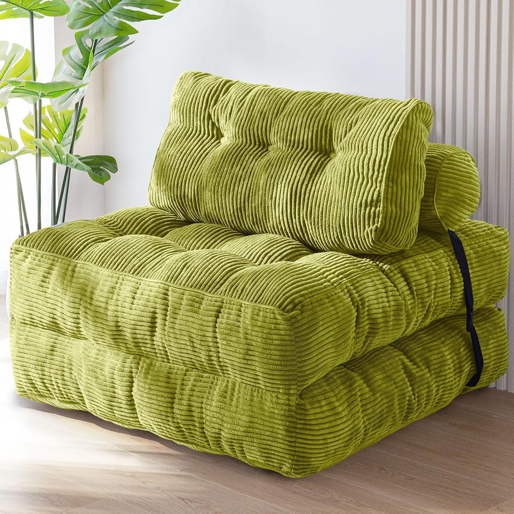MAXYOYO Folding Sofa Bed, Convertible Sleeper Chair with Pillow Foldable Mattress with Back Support, Portable Fold Out Chair Bed Comfy Floor Sofa Lounge for Living Room Bedroom, Beige, Green