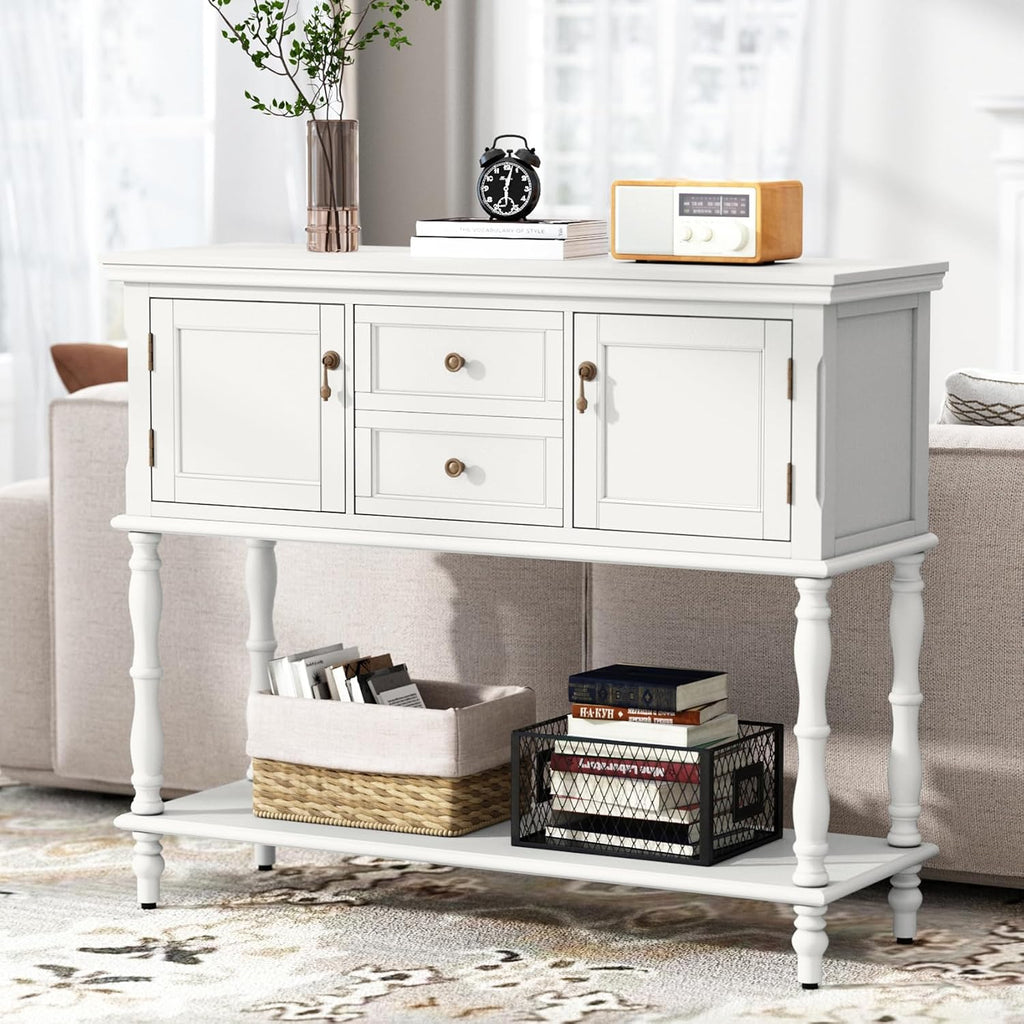 ARTPOWER Console Table with 2 Drawers, Retro Entryway Table with 2 Door Cabinets and Open Storage Shelf, Narrow Long Behind Couch Sofa Table for Living Room, Foyer, Hallway, White