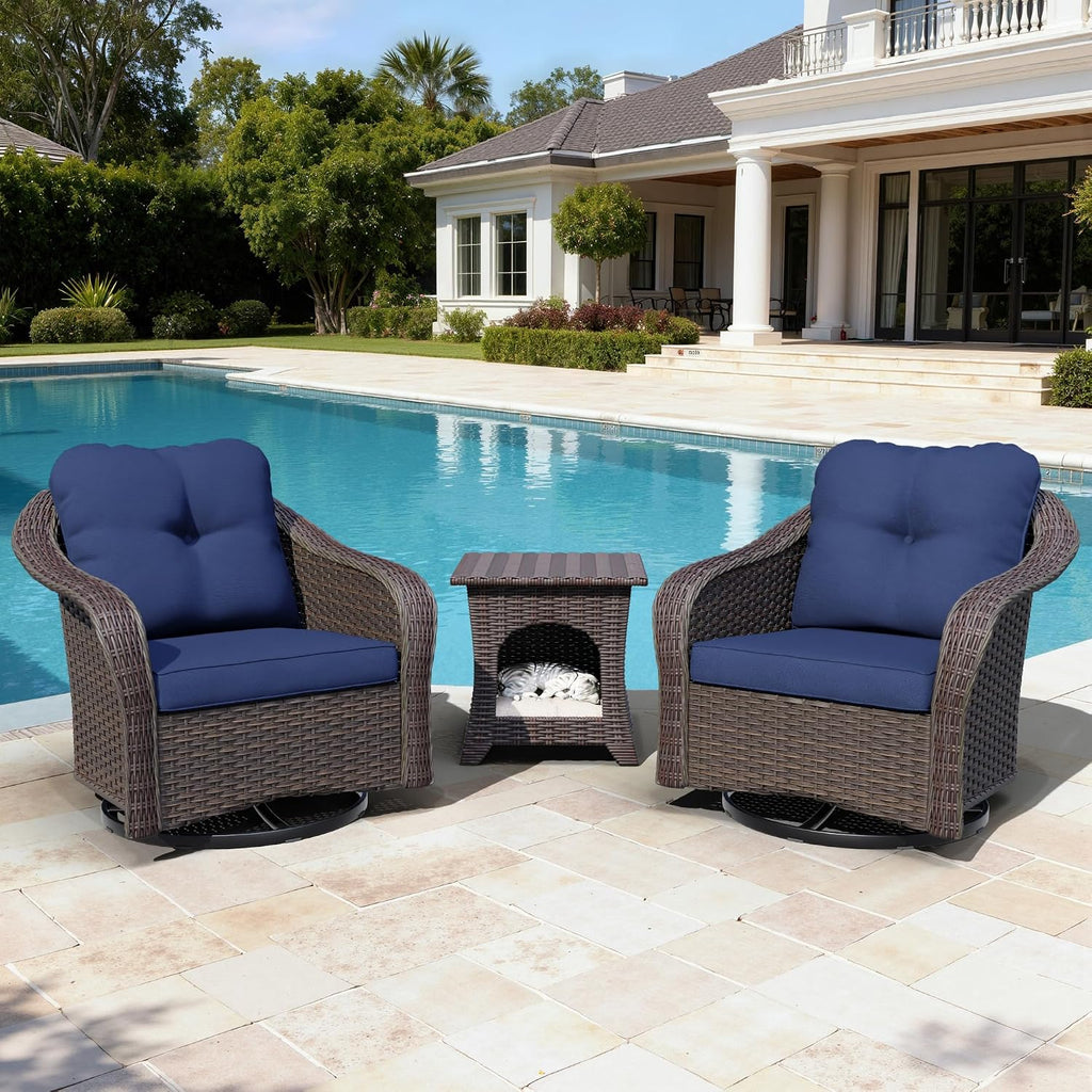 Wicker Swivel Rocking Chairs Set 2 with Storage Side Table - Outdoor Brown Wicker Swivel Glider Chair Outdoor Rocking Chair with Water-Resistant Cushions, Blue
