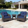 Wicker Swivel Rocking Chairs Set 2 with Storage Side Table - Outdoor Brown Wicker Swivel Glider Chair Outdoor Rocking Chair with Water-Resistant Cushions, Blue