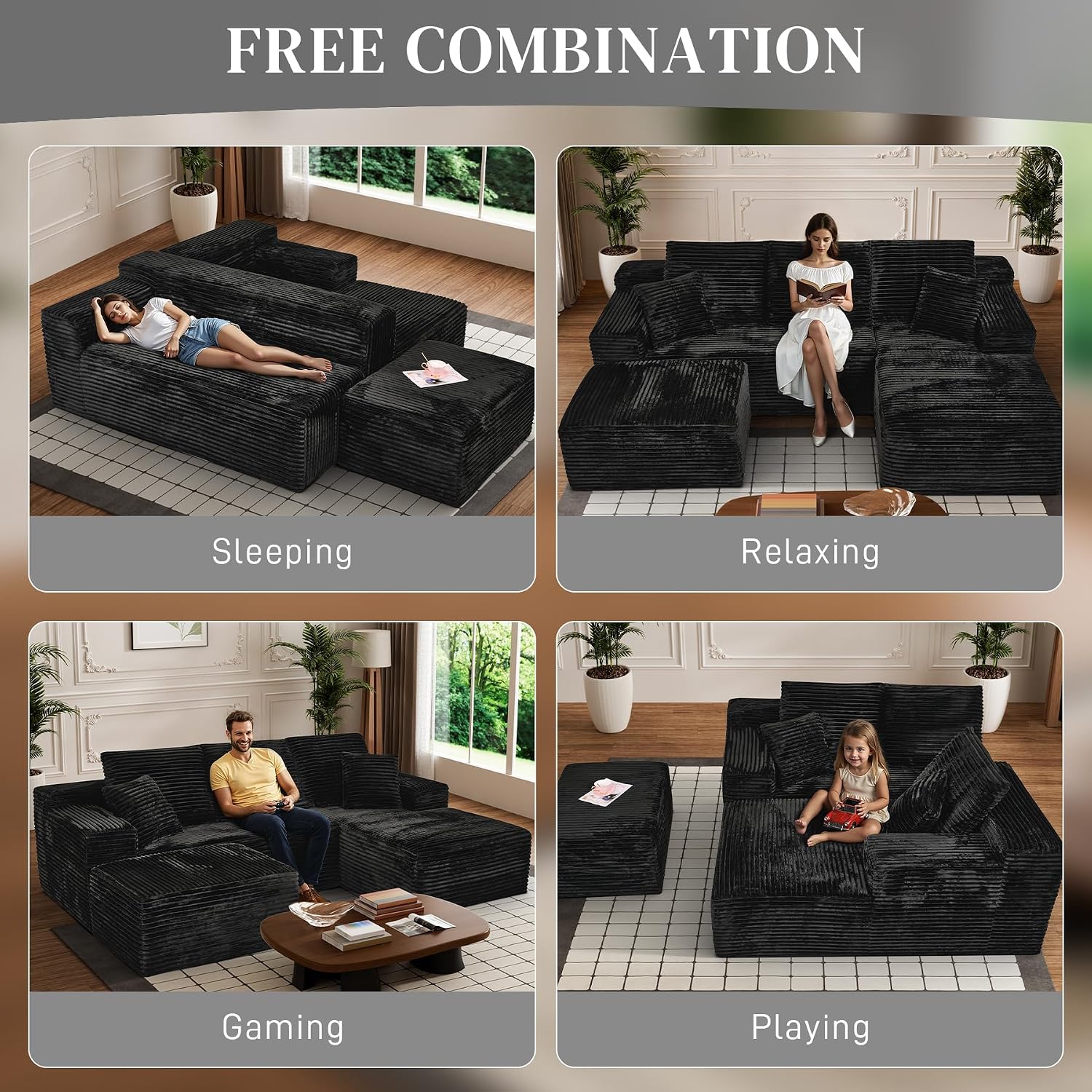 108' Boneless Couches for Living Room, U Shaped Comfy Cloud Modular Sectional Memory Foam Deep Seat Boneless Couch, No Assembly Required Sofa for Living Room with Right Facing Chaise & Ottoman, Black