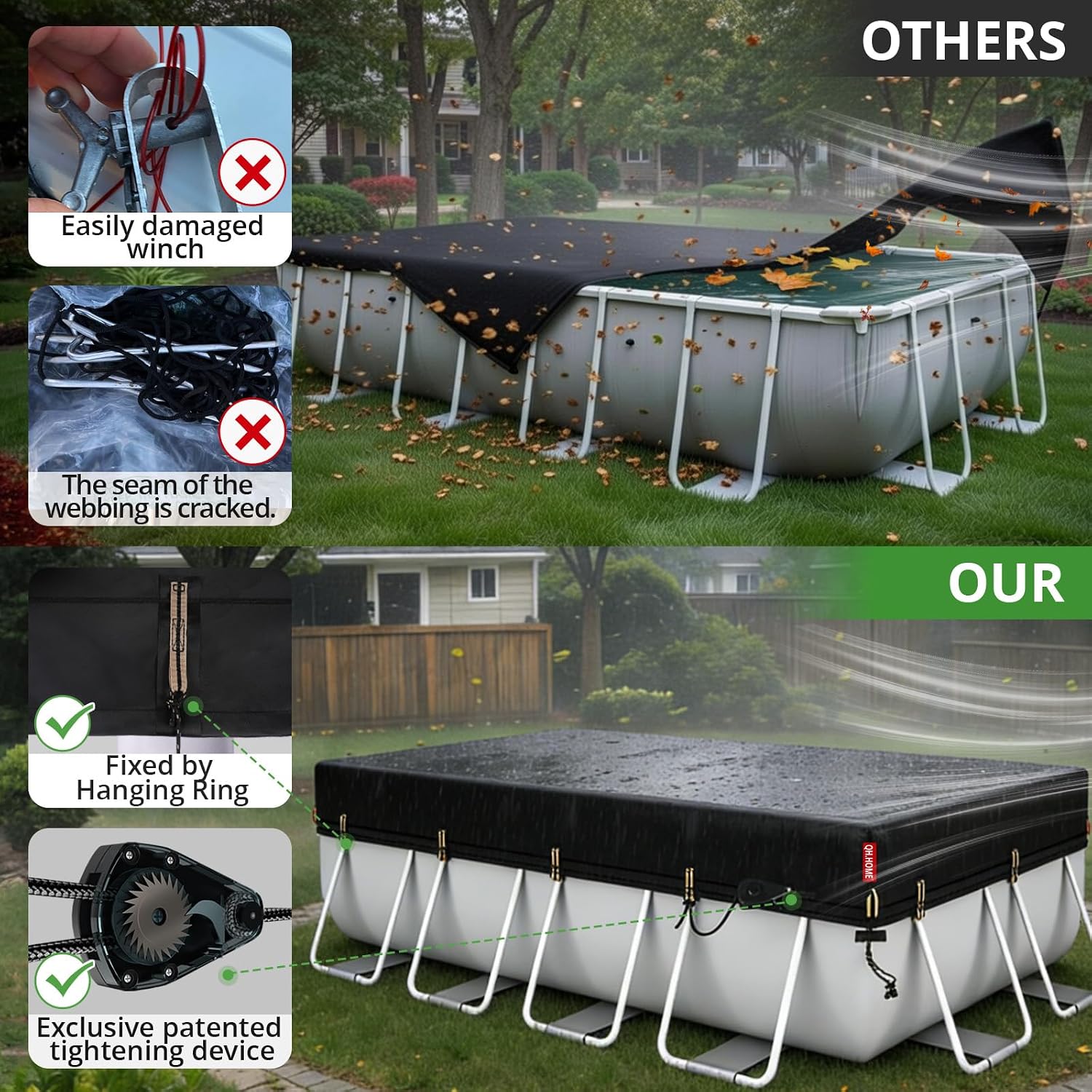 QH.HOME 16x32ft Rectangular Pool Cover,[Ultimate Windproof & Tear-Resistant Fabric],Snug Fit with Patented Ratchet & Weight Rings,Solar Pool Cover for Above Ground Pools, Blocks Leaves &Waterproof