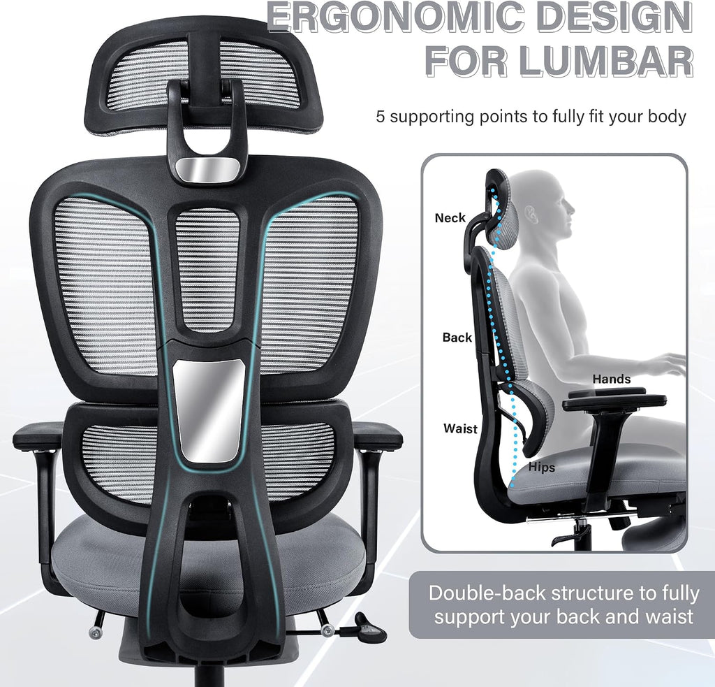 Ergonomic Mesh Office Chair with Retractable Footrest - High Back Computer Chair, Lumbar Support, Adjustable Armrest and Headrest, Durable Base - Multifunctional Home Office Desk Chair for Adults