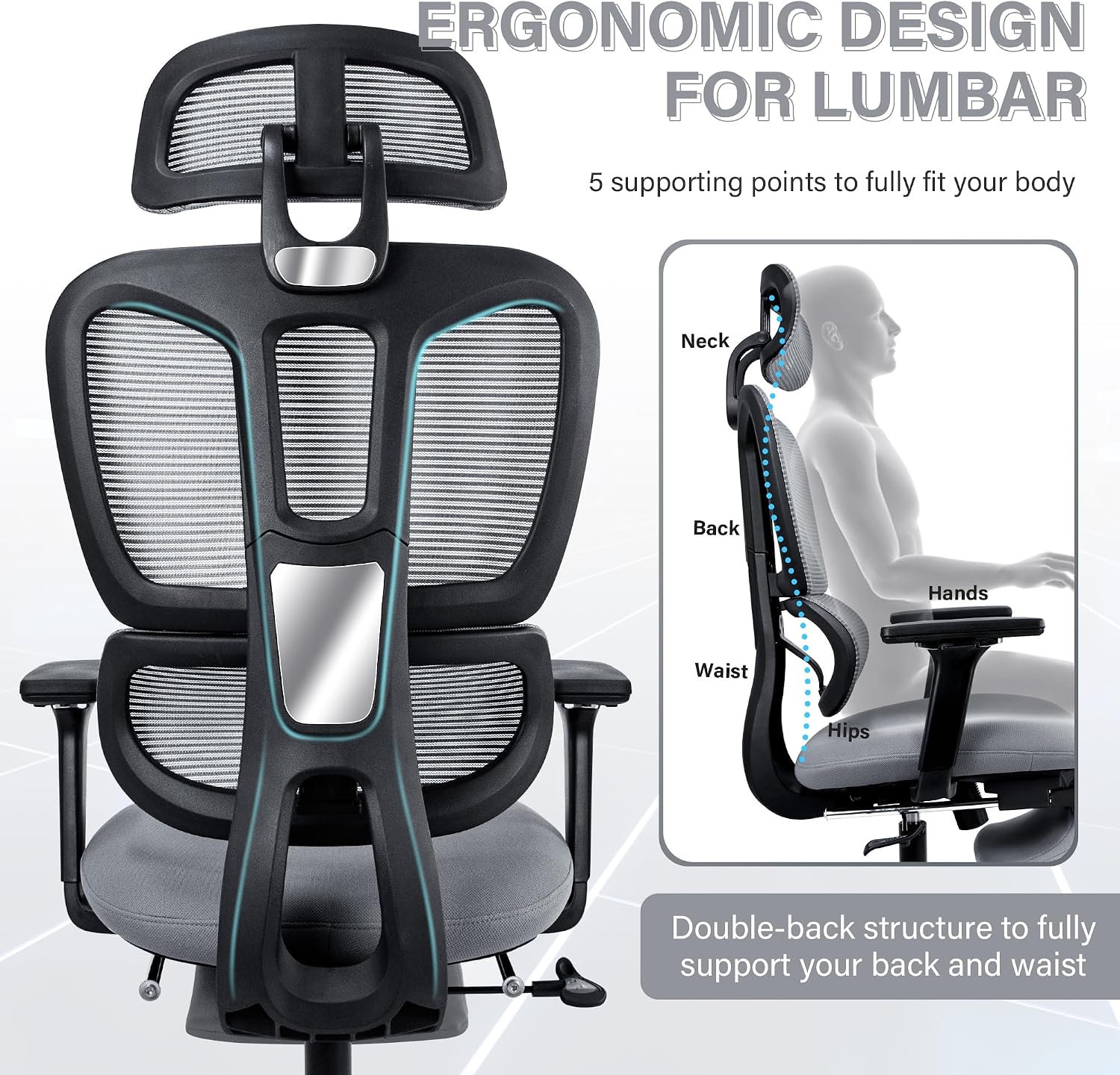 Ergonomic Mesh Office Chair with Retractable Footrest - High Back Computer Chair, Lumbar Support, Adjustable Armrest and Headrest, Durable Base - Multifunctional Home Office Desk Chair for Adults