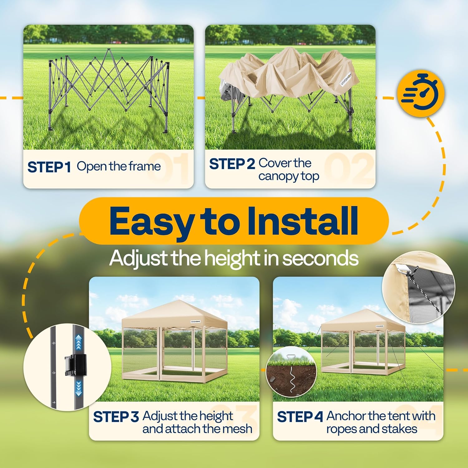 VIVOHOME 10x10ft Easy Pop-Up Canopy, Outdoor Screen Tent with Mosquito Netting, 2 Zipper Doors, and Roller Bag for Yard Camping Picnic Party Events, Beige