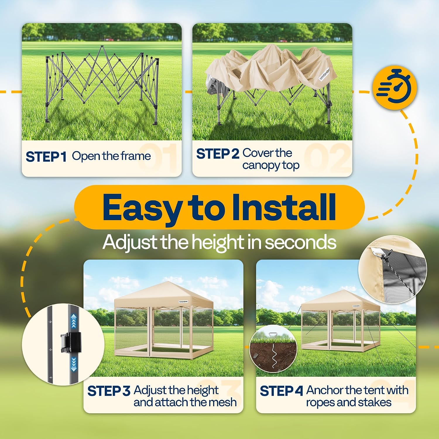 VIVOHOME 8x8ft Easy Pop-Up Canopy, Outdoor Screen Tent with Mosquito Netting, 2 Zipper Doors, and Roller Bag for Yard Camping Picnic Party Events, Beige