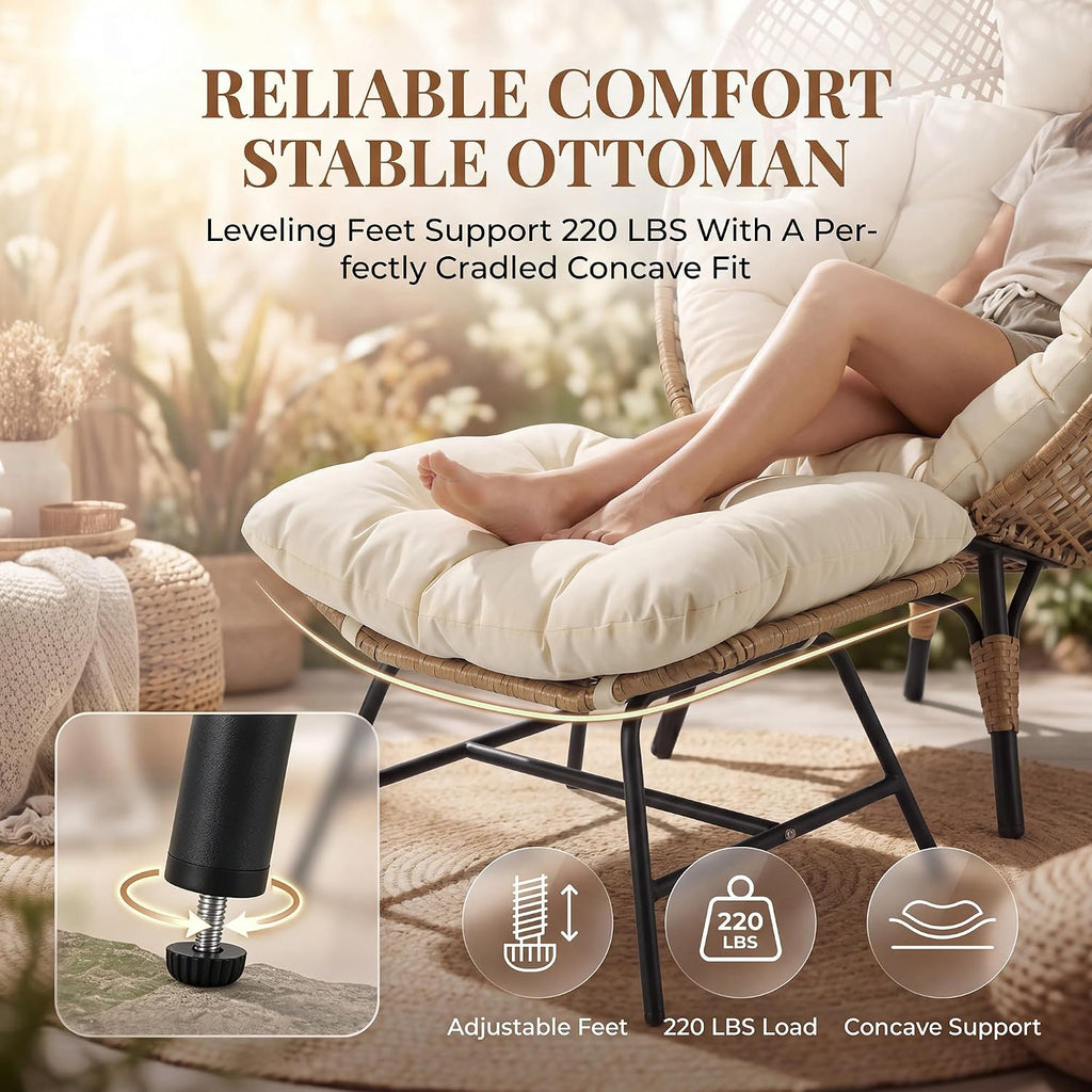 RADIATA Egg Chair with Footrest, Wicker Patio Lounger with Ottoman, Oversized Rattan Egg Shaped Chair with Leg for Indoor Outdoor Patio Balcony Garden (Beige)