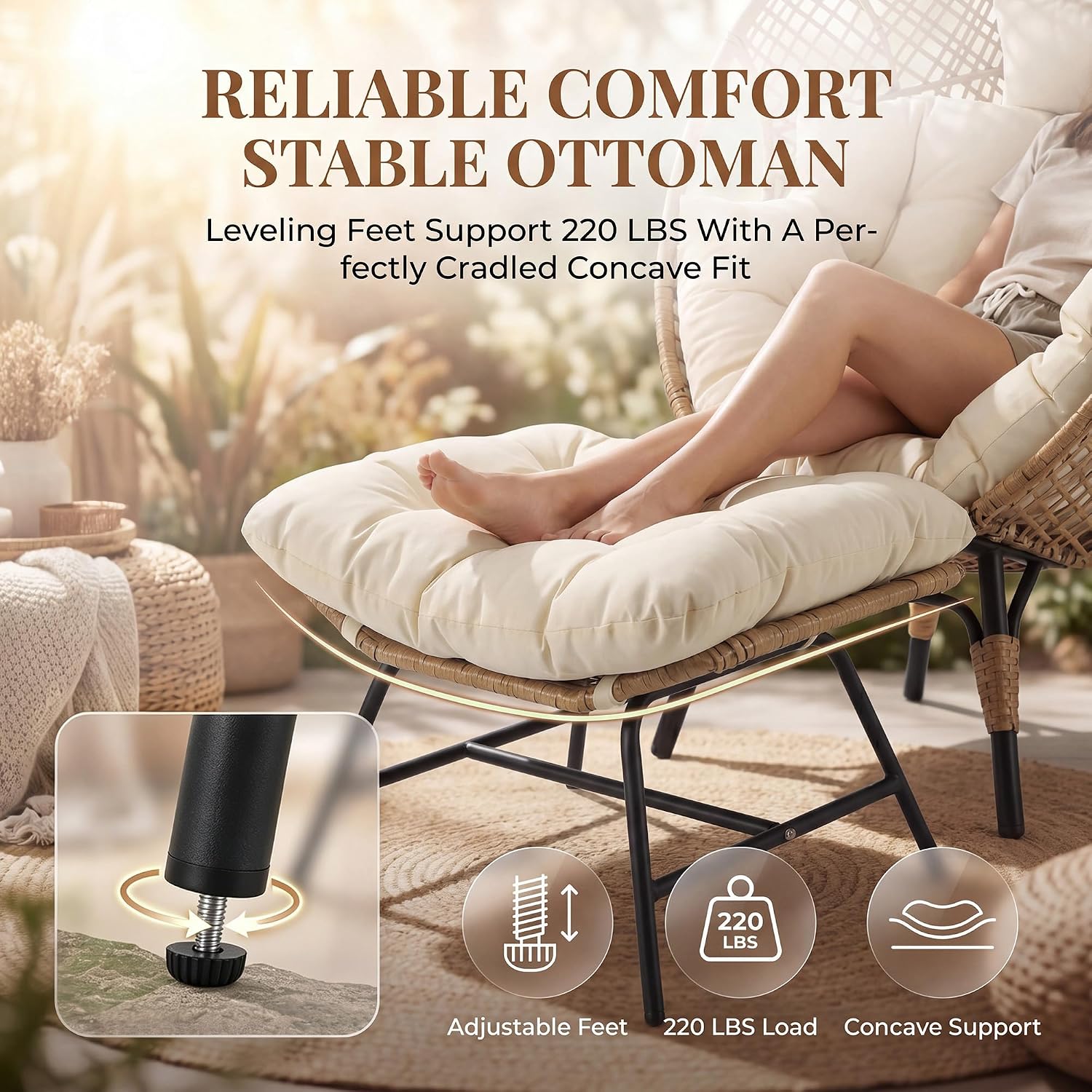 RADIATA Egg Chair with Footrest, Wicker Patio Lounger with Ottoman, Oversized Rattan Egg Shaped Chair with Leg for Indoor Outdoor Patio Balcony Garden (Beige)
