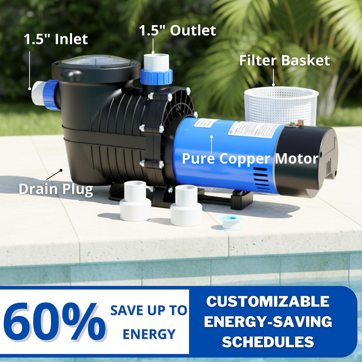 FOTING In/Above Ground Pool Pump, Self Primming Pool Pump High Flow 1.5' & 2' NPT Inlet Connectors, Dark Blue
