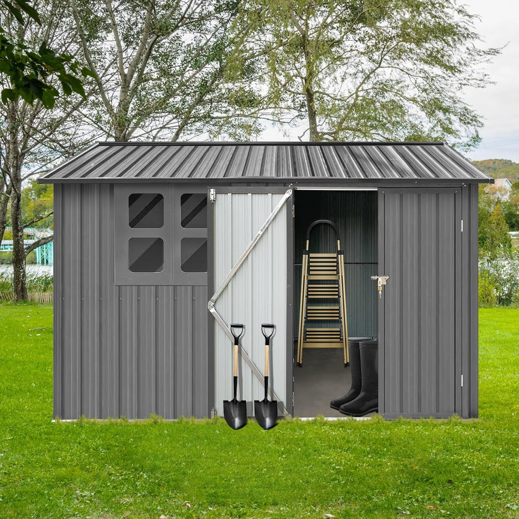 Ball & Cast 6x8 FT Metal Frame Garden Sheds with Lockable Doors and Window,Outdoor Single-Storey Roofed Storage Shed,w/Waterproof Roofs,for Storing Bicycles,Lawnmowers,Barbeques,Grey