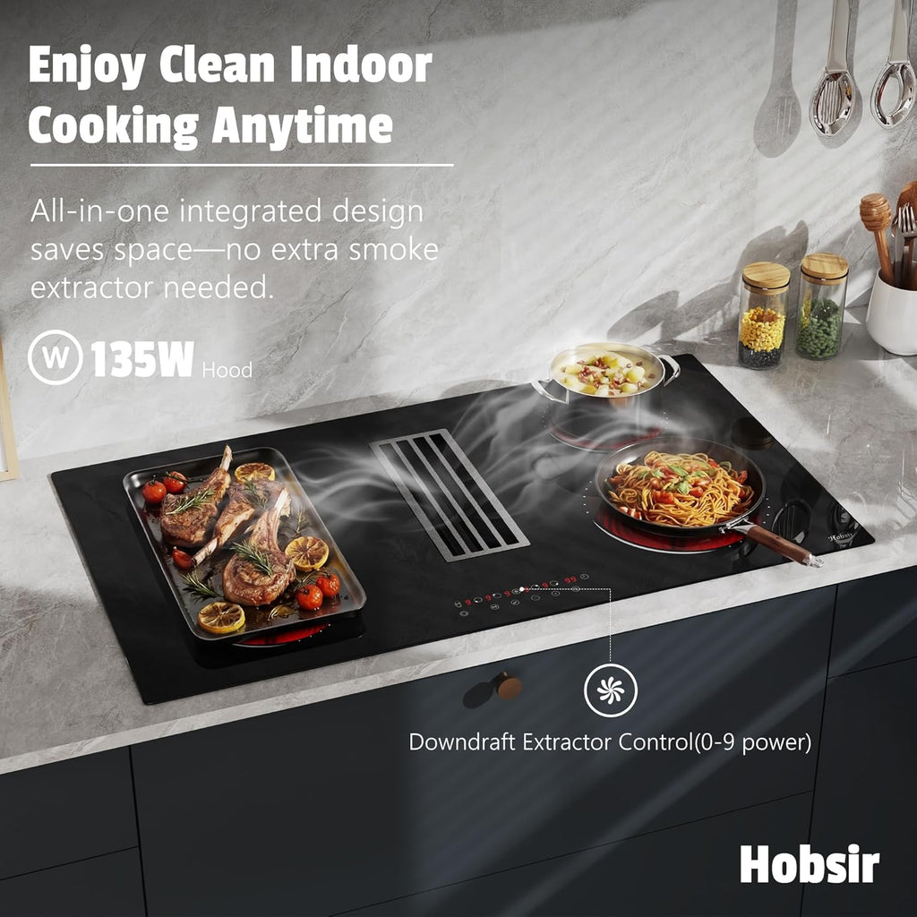 Hobsir 36 Inch Electric Cooktop with Downdraft Extractor, 4 Burners Glass Radiant Stovetop 7400W, 9 Power Levels, Cook top with BBQ, Timer, Pause, Safety Lock, 240V(No Exhaust Pipe Required)
