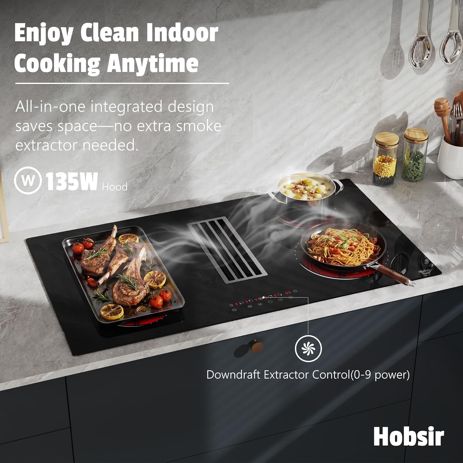 Hobsir 36 Inch Electric Cooktop with Downdraft Extractor, 4 Burners Glass Radiant Stovetop 7400W, 9 Power Levels, Cook top with BBQ, Timer, Pause, Safety Lock, 240V(No Exhaust Pipe Required)