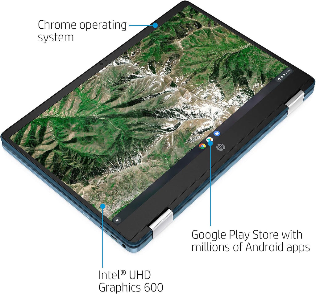HP Laptop X360 14a Chromebook 14' HD Touchscreen, Entertaining from Any Angle Intel Celeron, 4GB DDR4 64GB eMMC WiFi Webcam Stereo Speakers Bluetooth 4.2 Chrome Blue Metallic Color