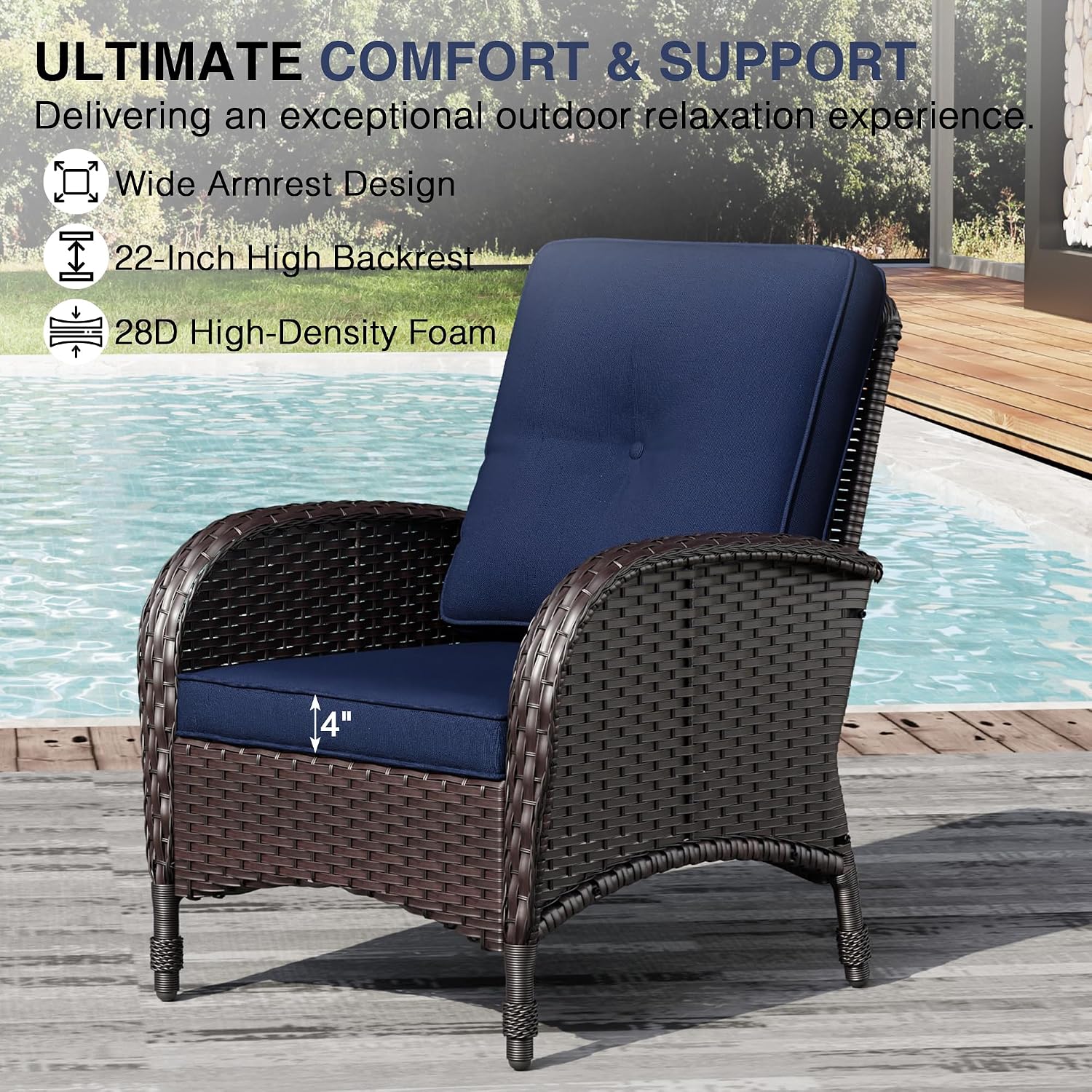 Joyside Wicker Patio Chairs, 4 Piece Rattan Outdoor Furniture with Thickened Cushions, High Back, Deep Seating, Wide Armrest, Outdoor Chairs for Porch, Deck