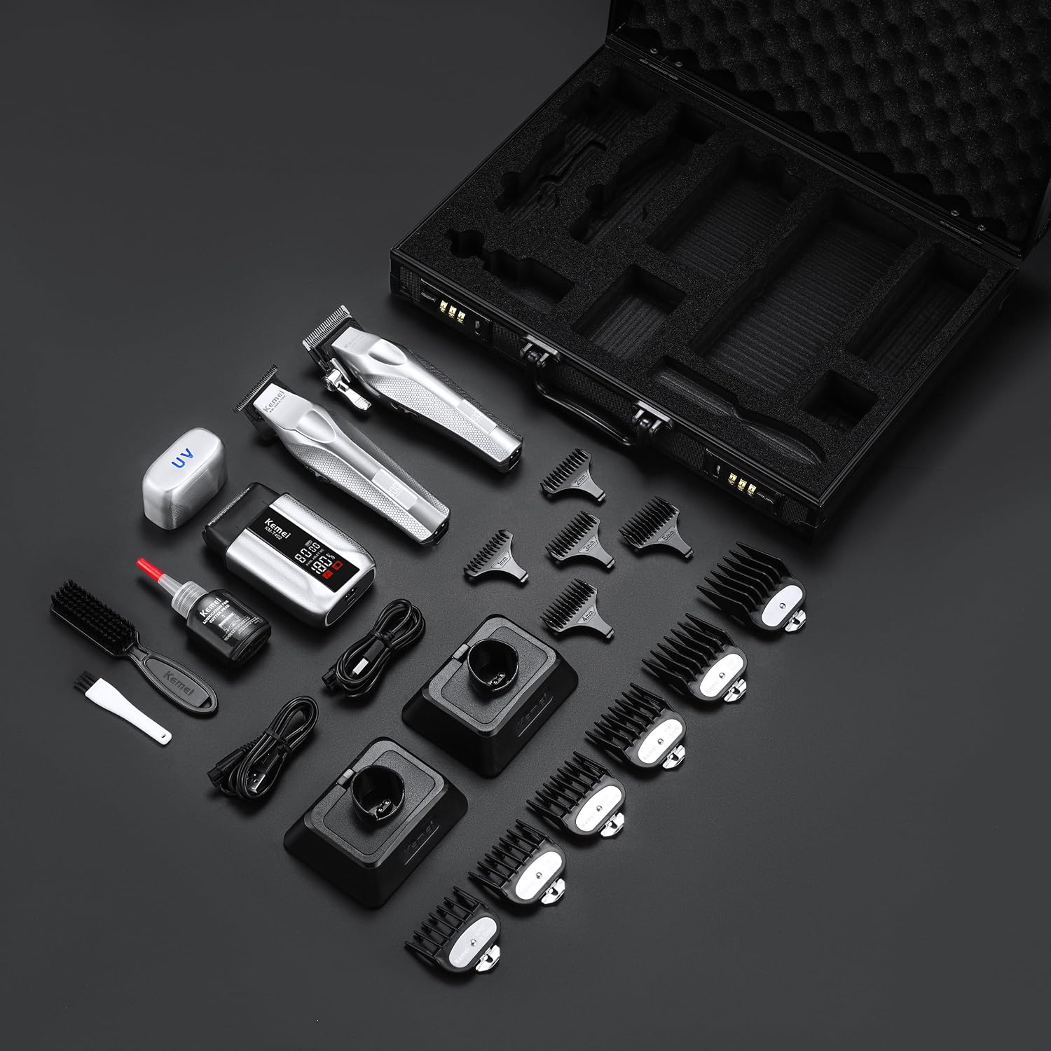 KEMEI Professional Hair Clippers for Men, Cordless Barber Clippers and Trimmers Set with Full Metal Body, Electric Foil Shavers with LED Display & Travel Case, KM-3023-702, KM-1798, KM-T402