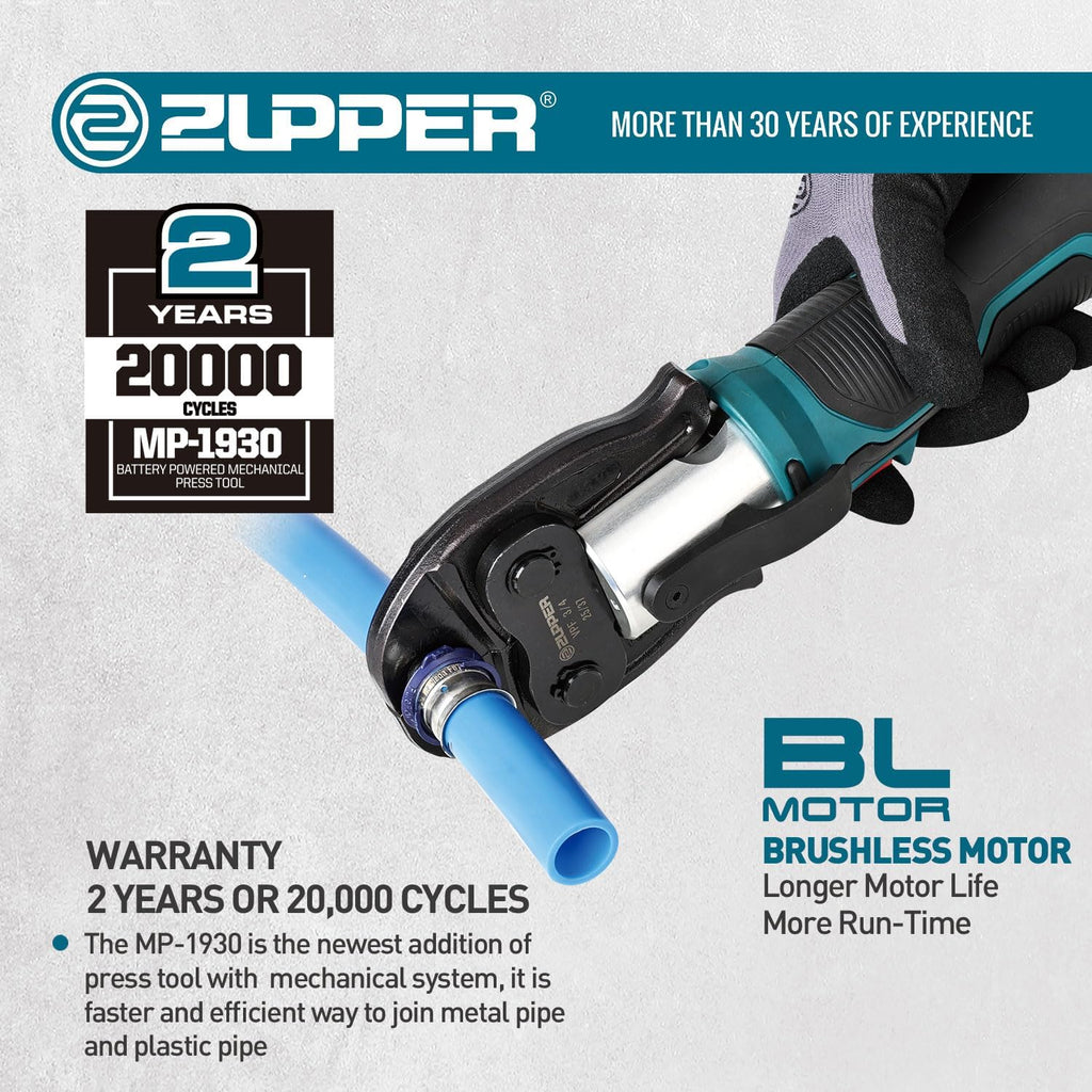 ZUPPER Mini Press Tool kit with 3 Jaws Suitable for PureFlow press fittings 1/2', 3/4', 1', Brushless Motor, 2pcs Battery, Fast Charger & Carrying Case