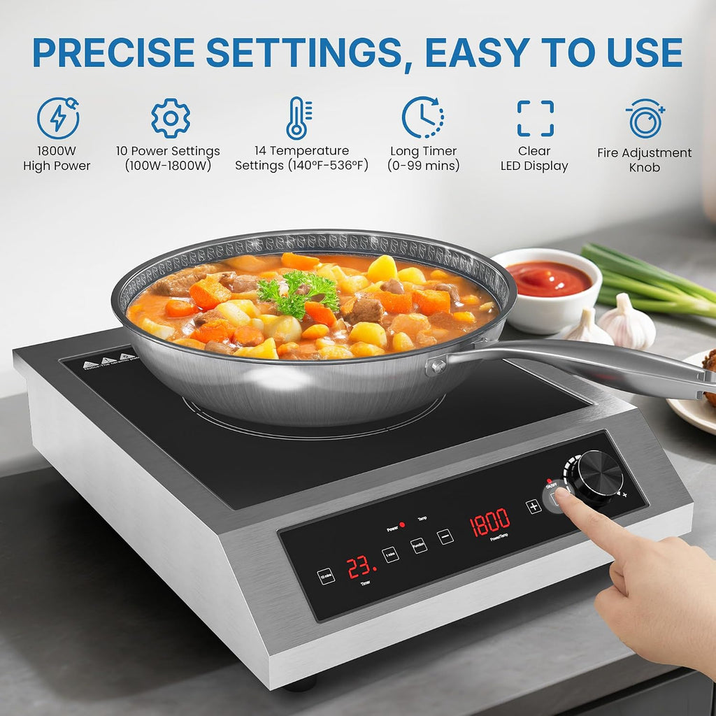 Commercial Induction Cooktop 1800W, Professional Electric Countertop Burner, 10 Power & 10 Temp Setting, Induction Hot Plate with Timer, Electric Stove with LED Screen, Black