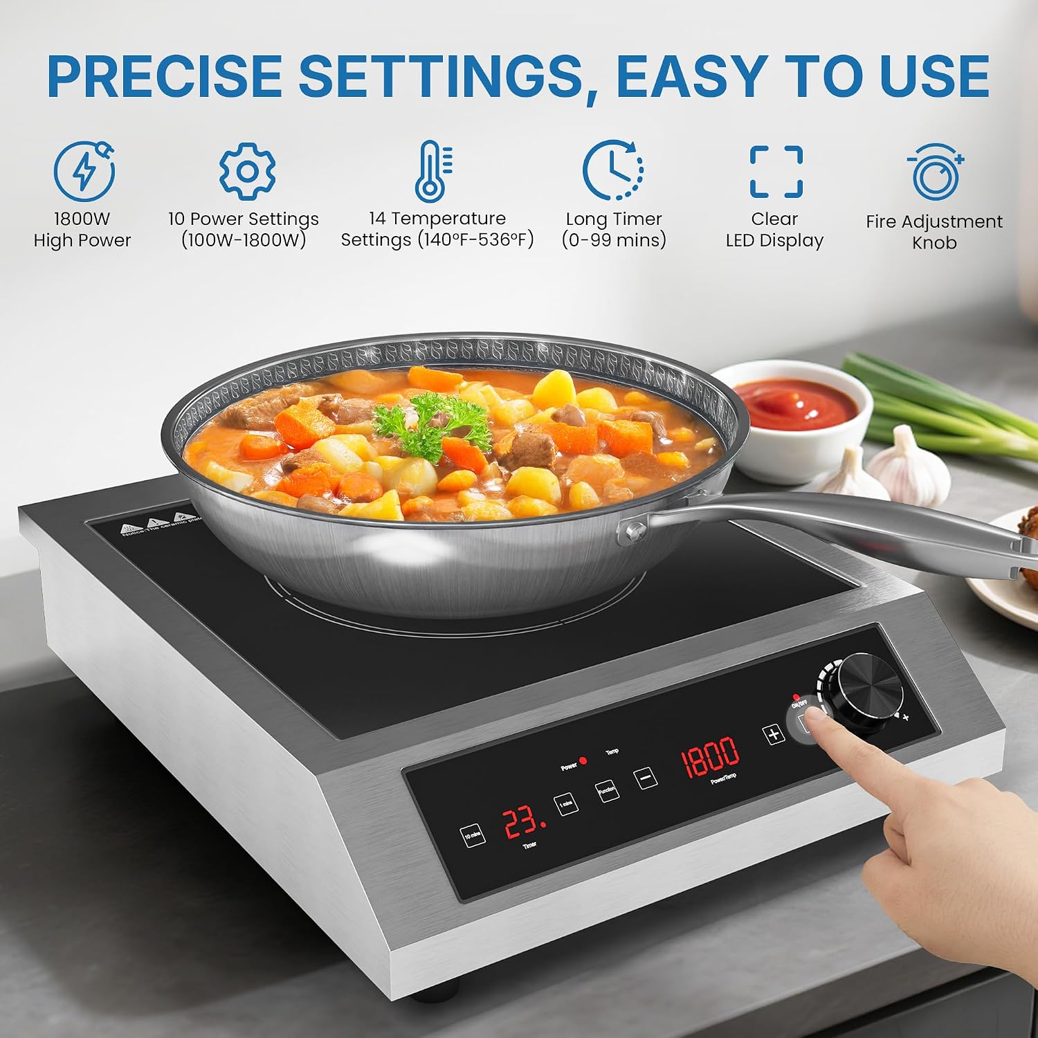 Commercial Induction Cooktop 1800W, Professional Electric Countertop Burner, 10 Power & 10 Temp Setting, Induction Hot Plate with Timer, Electric Stove with LED Screen, Black