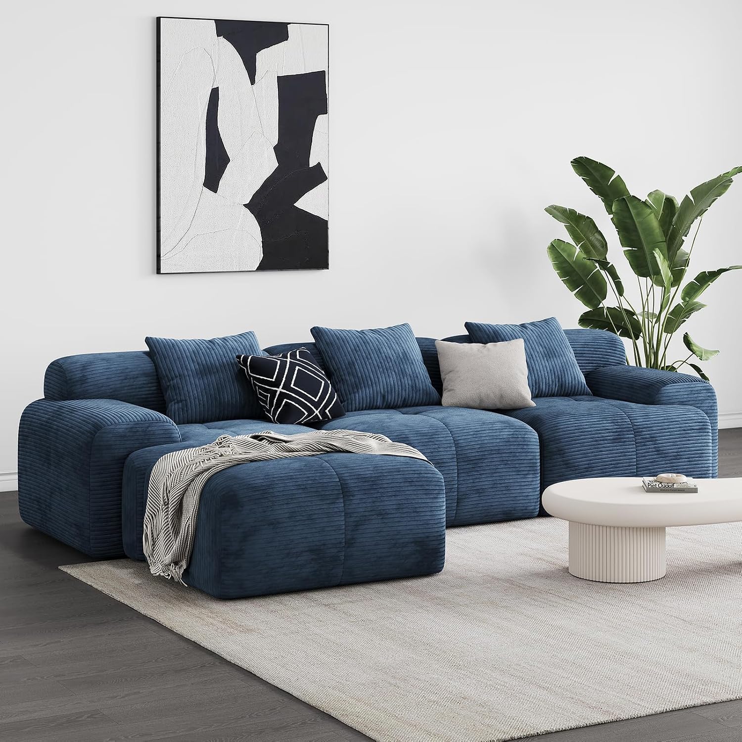 118'' Modern L-Shaped Modular Sectional Sofa for Living Room，Oversized 3-Seater Couch with Deep Seat and Movable Ottoman – No Assembly,Comfortable Corduroy Fabric Boneless Sofa