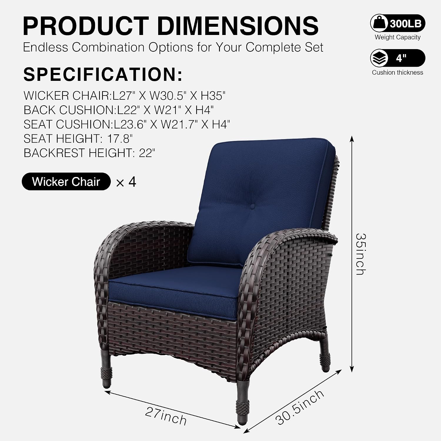 Joyside Wicker Patio Chairs, 4 Piece Rattan Outdoor Furniture with Thickened Cushions, High Back, Deep Seating, Wide Armrest, Outdoor Chairs for Porch, Deck