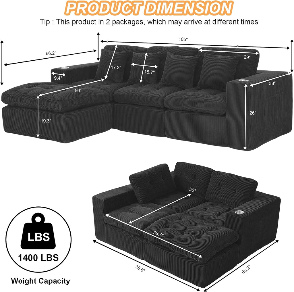 Black L Shaped Modular Cloud Sectional Sofa, Comfy 3 Seater Sectional Couches for Living Room with Cup Holders, Modern L Shape Sofa Set for Living Room Bedroom, Black