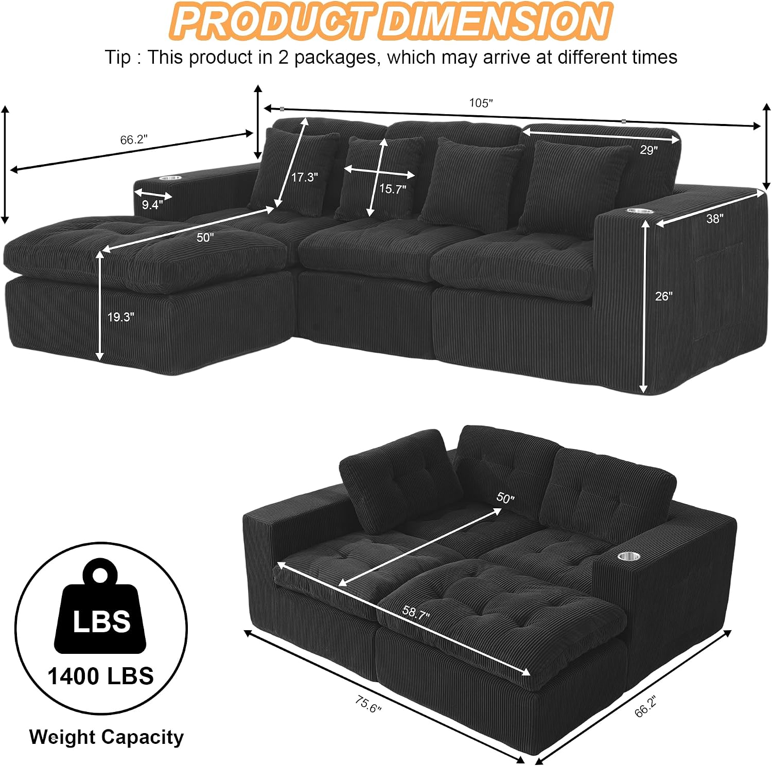 Black L Shaped Modular Cloud Sectional Sofa, Comfy 3 Seater Sectional Couches for Living Room with Cup Holders, Modern L Shape Sofa Set for Living Room Bedroom, Black