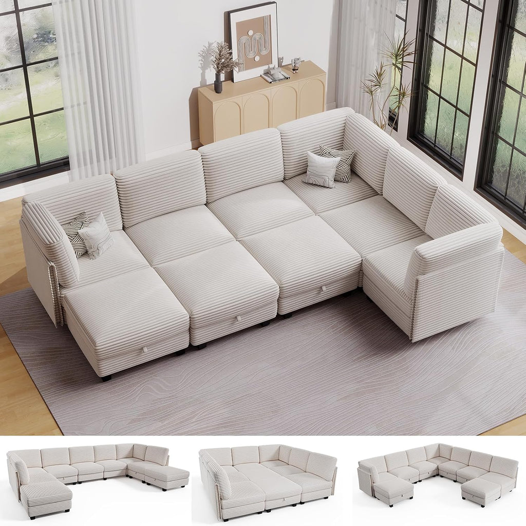 Modular Sectional Sofa with Adjustable Backrest, Large Convertible L/U-Shaped Sleeper Couch for Living Room, Cloud Sofa Bed Modern Reversible Design, Beige