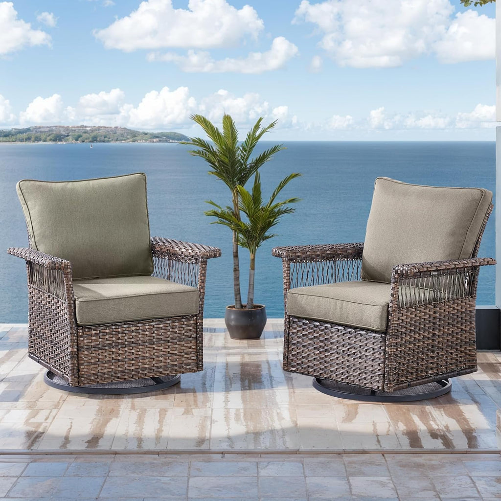 Outdoor Patio Rocking Swivel Chairs - 2PC Wicker Patio Furniture Rocker Chair Set,Rattan Glider Chair with Sturdy Frame,All-Weather PE Wicker and Cushions for Deck Porch Balcony(Brown/Grey)