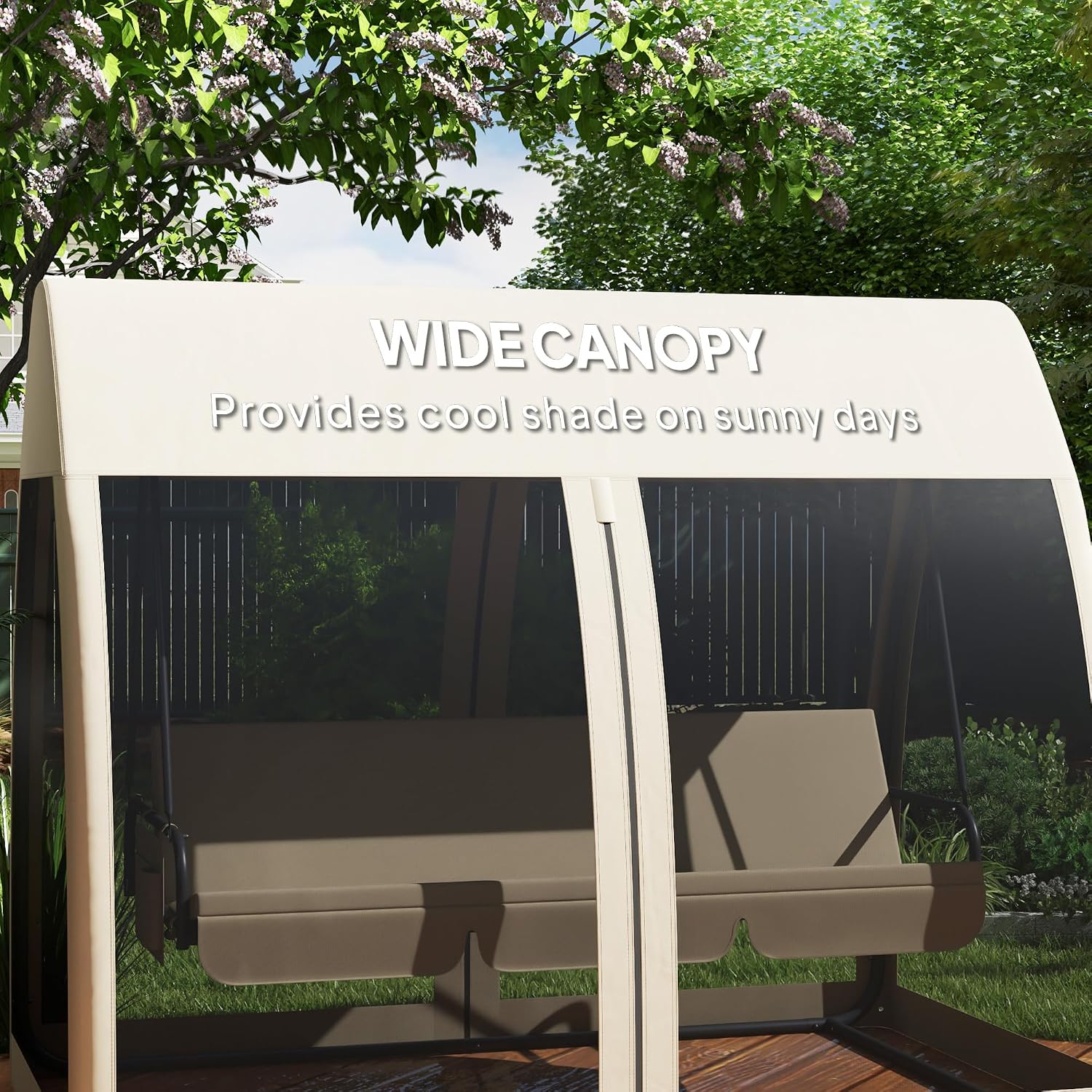 Outsunny 3-Seat Patio Swing Chair, Porch Swing Bed with Convertible Backrest, Cushion, Canopy, Side Pocket and Mesh Netting for Patio, Garden, Backyard, Coffee