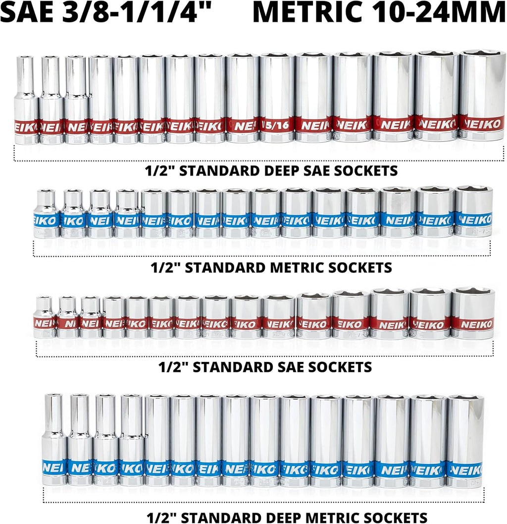 Neiko 02479A 1/2 Inch-Drive Colored Mechanics Tool Ratchet, Socket Set, 68 Piece Standard and Deep SAE Sizes 3/8' to 1-1/4' Metric Sizes 10 mm to 24 mm Made with CrV Steel for Auto Repair