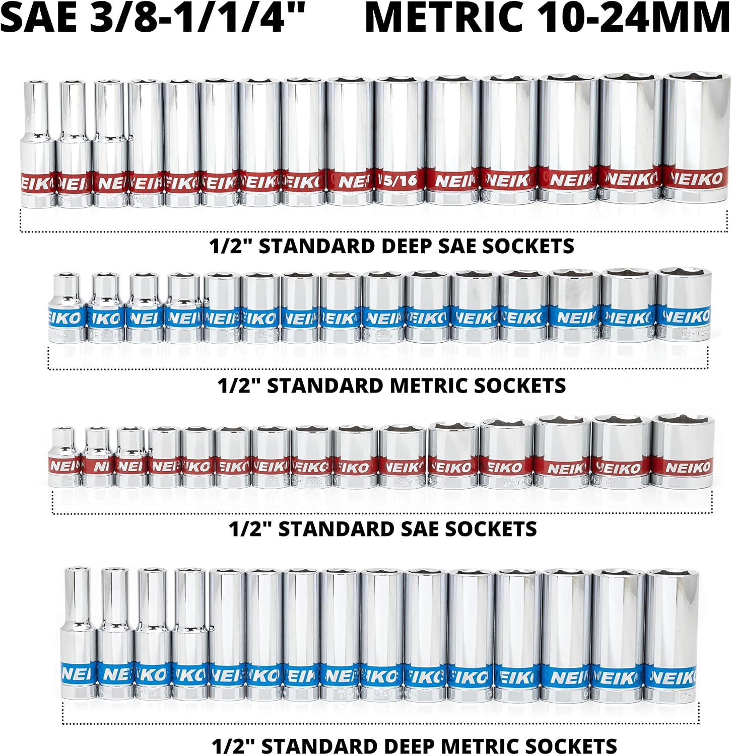 Neiko 02479A 1/2 Inch-Drive Colored Mechanics Tool Ratchet, Socket Set, 68 Piece Standard and Deep SAE Sizes 3/8' to 1-1/4' Metric Sizes 10 mm to 24 mm Made with CrV Steel for Auto Repair
