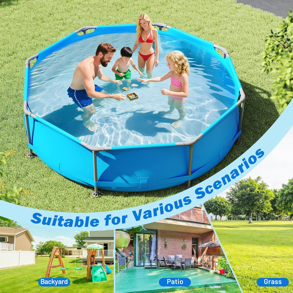 Moccha 10'x10' Round Above Ground Pool, Metal Frame Family Pool Set w/PVC Fabric, 3 Stoppers, Drainage Valve Connector, Outdoor Backyard Swimming Pool (10' Round, 1158 Gal, Blue)
