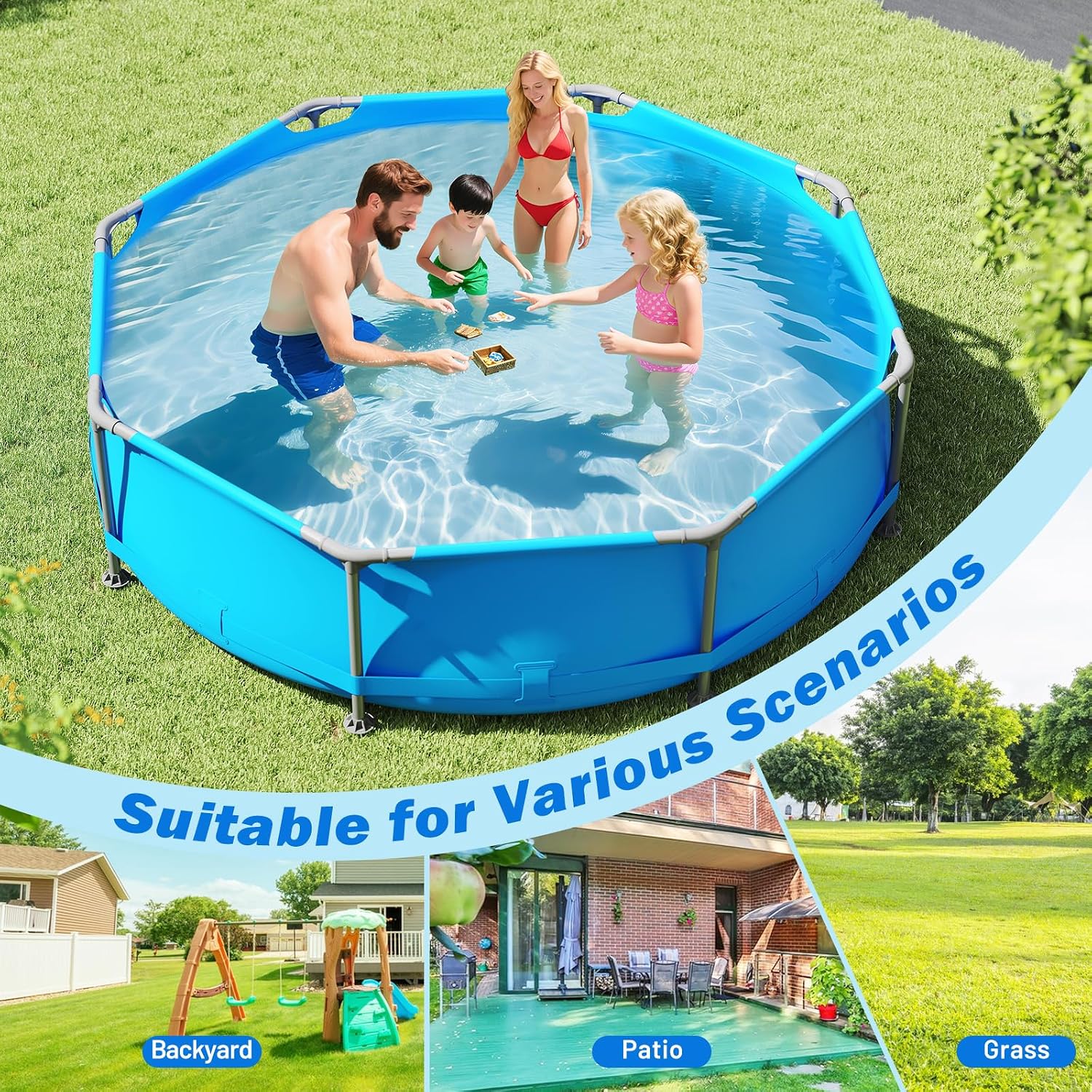 Moccha 10'x10' Round Above Ground Pool, Metal Frame Family Pool Set w/PVC Fabric, 3 Stoppers, Drainage Valve Connector, Outdoor Backyard Swimming Pool (10' Round, 1158 Gal, Blue)