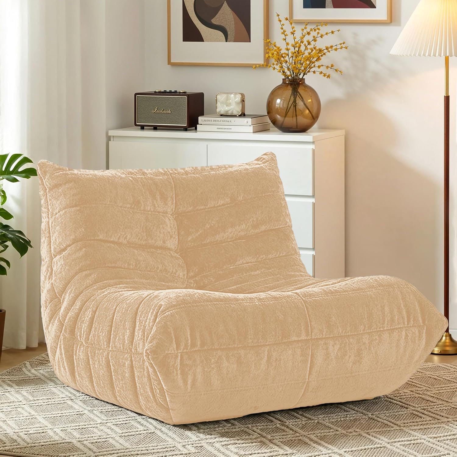 HABUTWAY Bean Bag Chair, Giant Bean Bag Chairs for Adults, Bean Bag Sofa with Filler Faux Fur, Memory Foam Bean Bag Couches Fireside Lazy Sofa for Living Room, Bedroom, Office (Khaki)