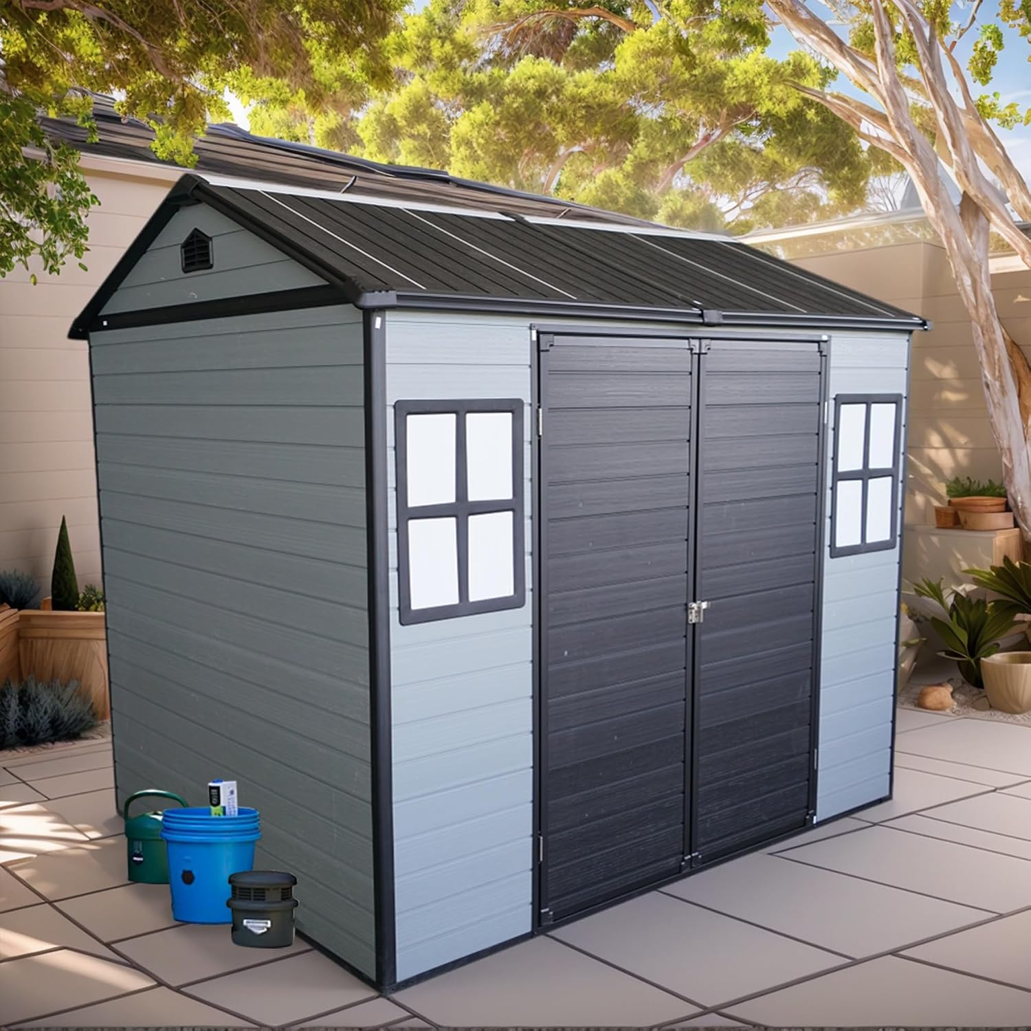 Outdoor Storage Shed, 8x6FT Plastic Storage Shed with 2 Windows and Lockable Door for Garden Tools, Bike, Lawnmower, Grey and Black