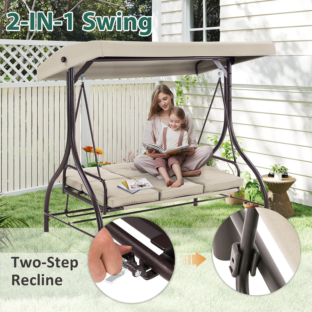 MCombo 3-Seat Outdoor Patio Swing Chair, 2-in-1 Convertible Porch Swing Glider Chair with Removable Cushions, Adjustable Canopy & Pillows for Backyard, Deck, Garden, 4068 (Beige)